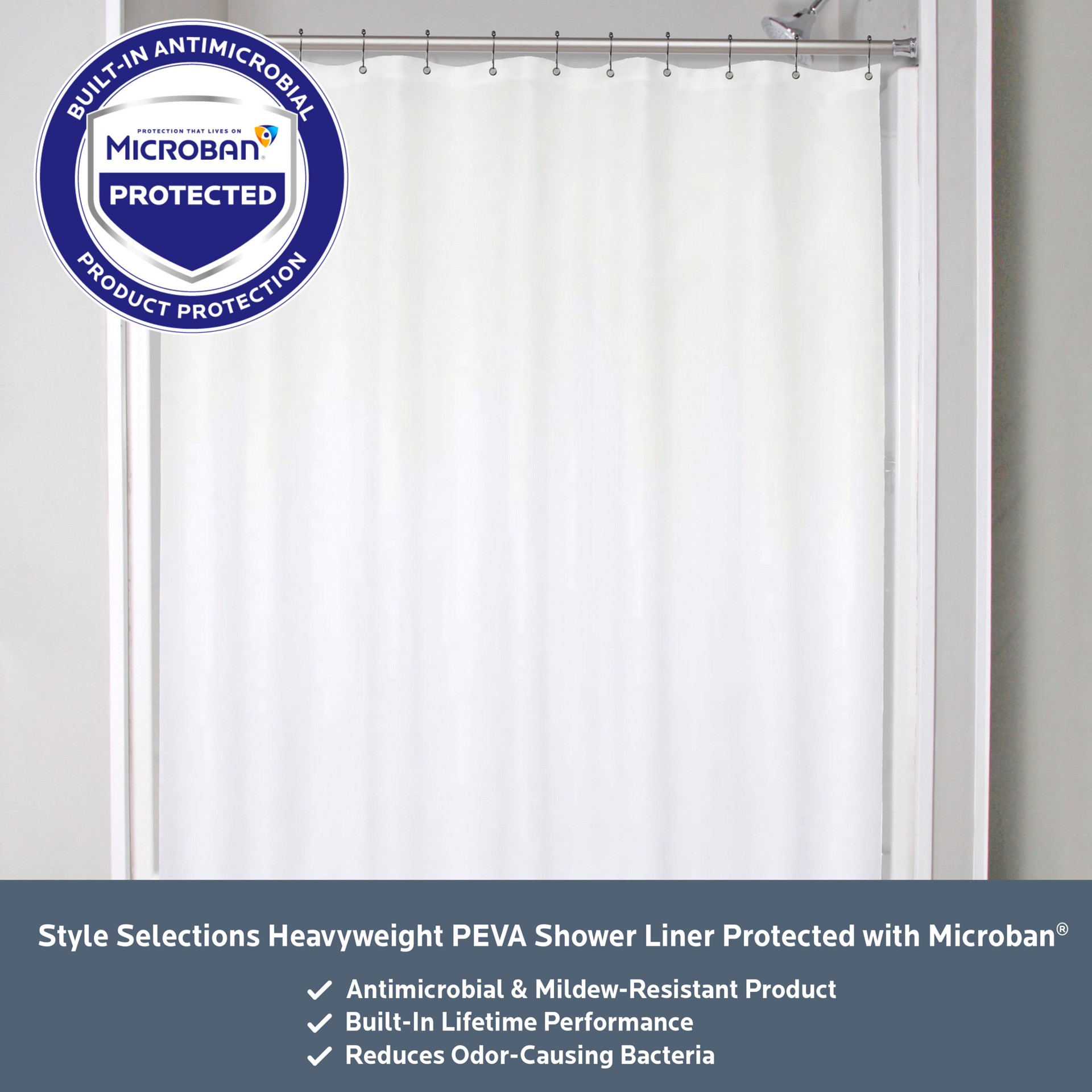 slide 2 of 6, Style Selections Microban Protected Heavy Weight PEVA 70.0-in W x 72-in L White Solid Mildew Resistant EVA/PEVA Shower liner, 1 ct