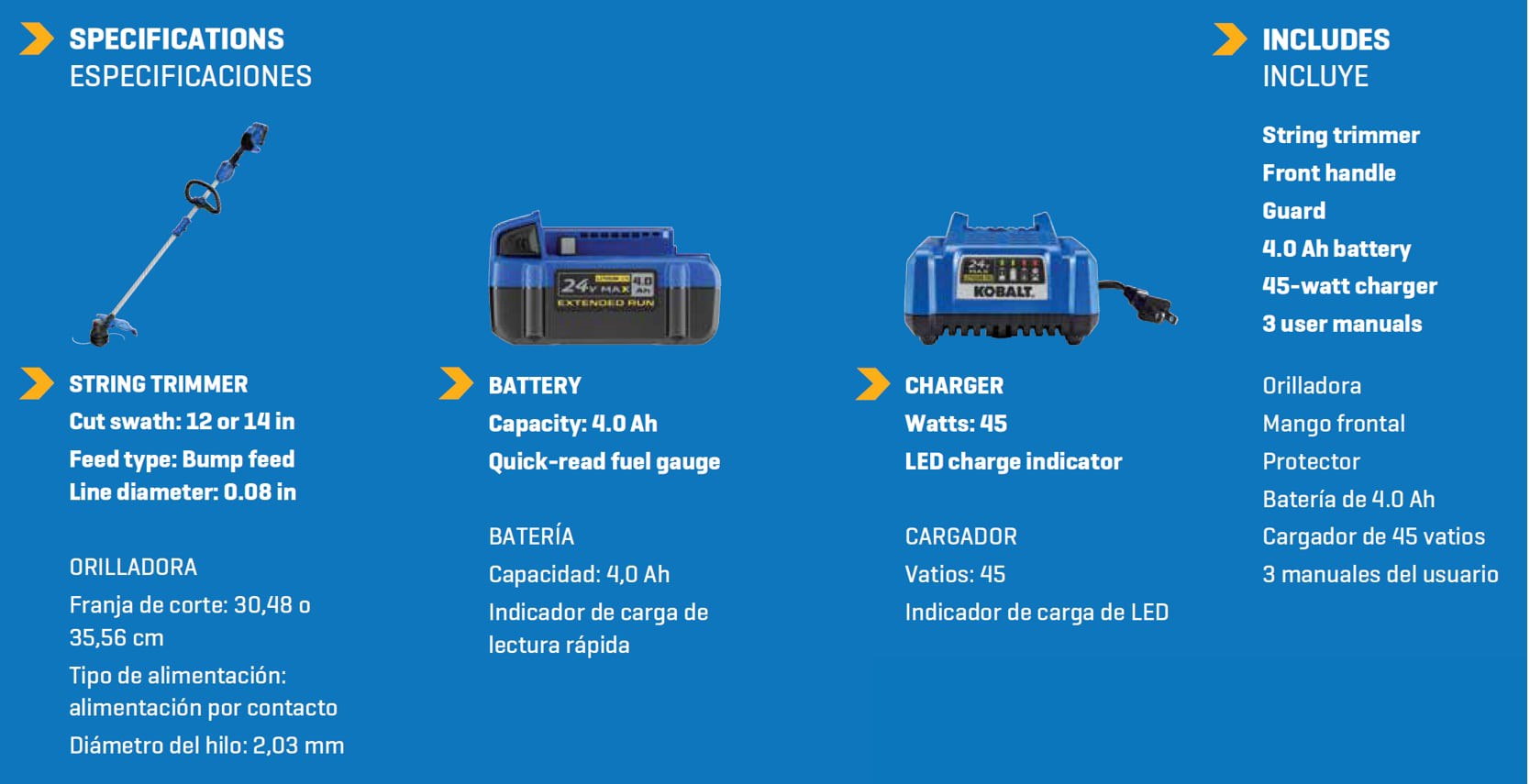slide 3 of 6, Kobalt 24-volt 14-in Straight Shaft Battery String Trimmer 4.0 Ah (Battery Included) (Charger Included), 1 ct