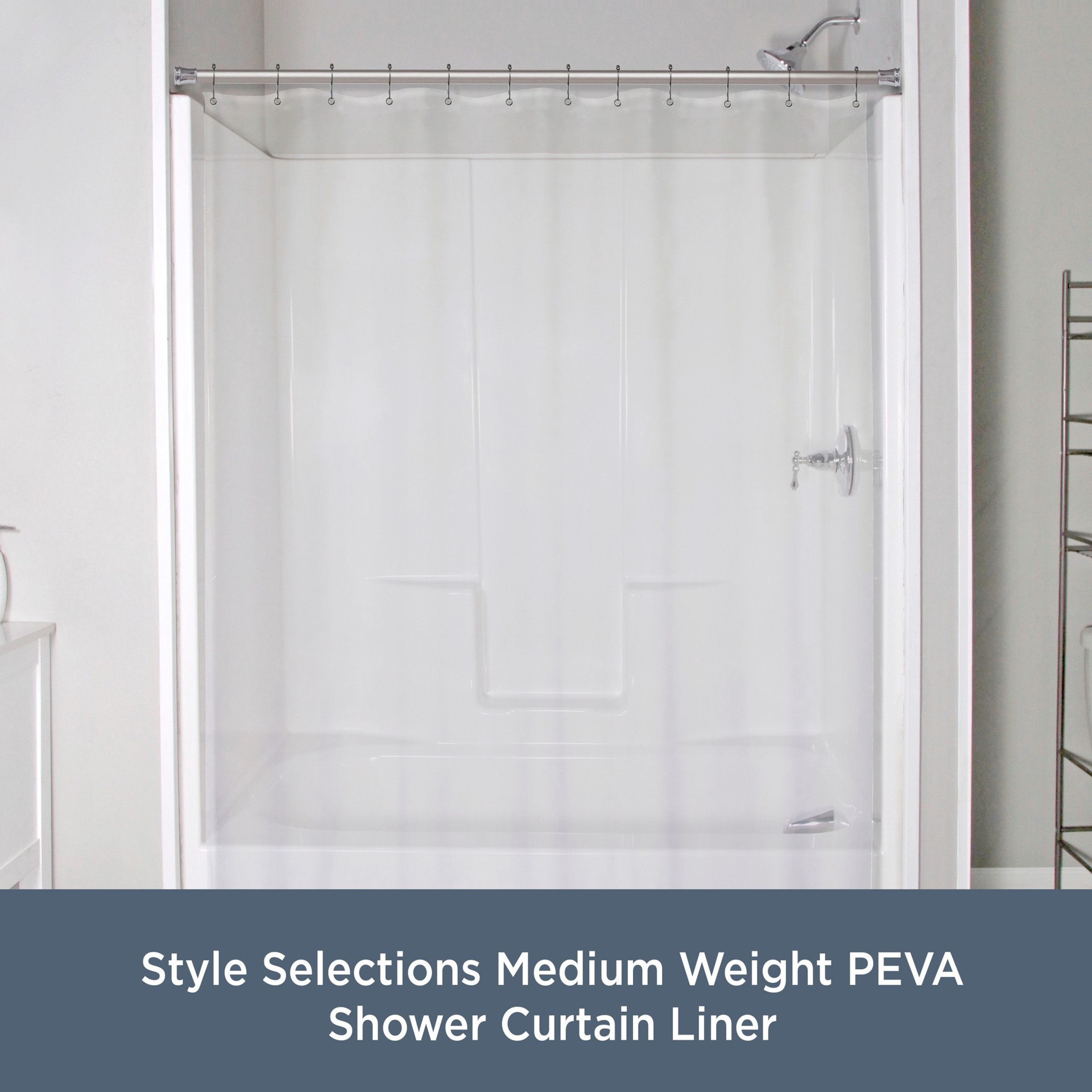 slide 3 of 6, Style Selections Medium Weight PEVA 70.0-in W x 72-in L Clear Solid EVA/PEVA Shower liner, 1 ct