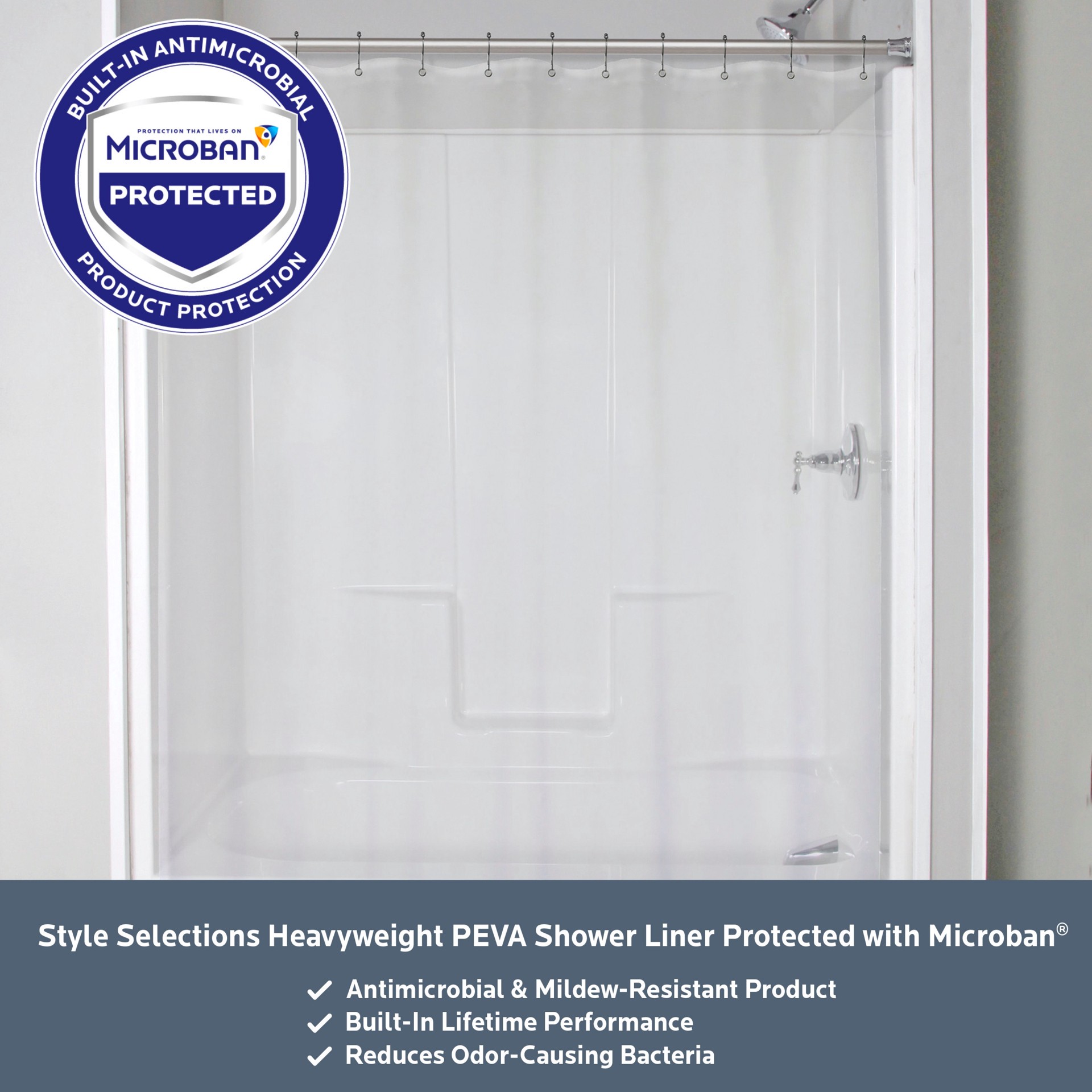 slide 2 of 6, Style Selections Microban Protected Heavy Weight PEVA 70.0-in W x 72-in L Clear Solid Mildew Resistant EVA/PEVA Shower liner, 1 ct