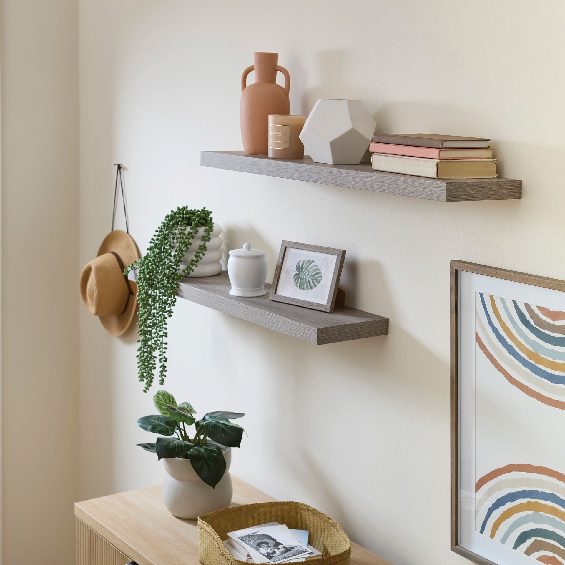 slide 5 of 6, allen + roth 7.8-in D x 35.4-in L Driftwood MDF Rectangular Floating shelf, 1 ct