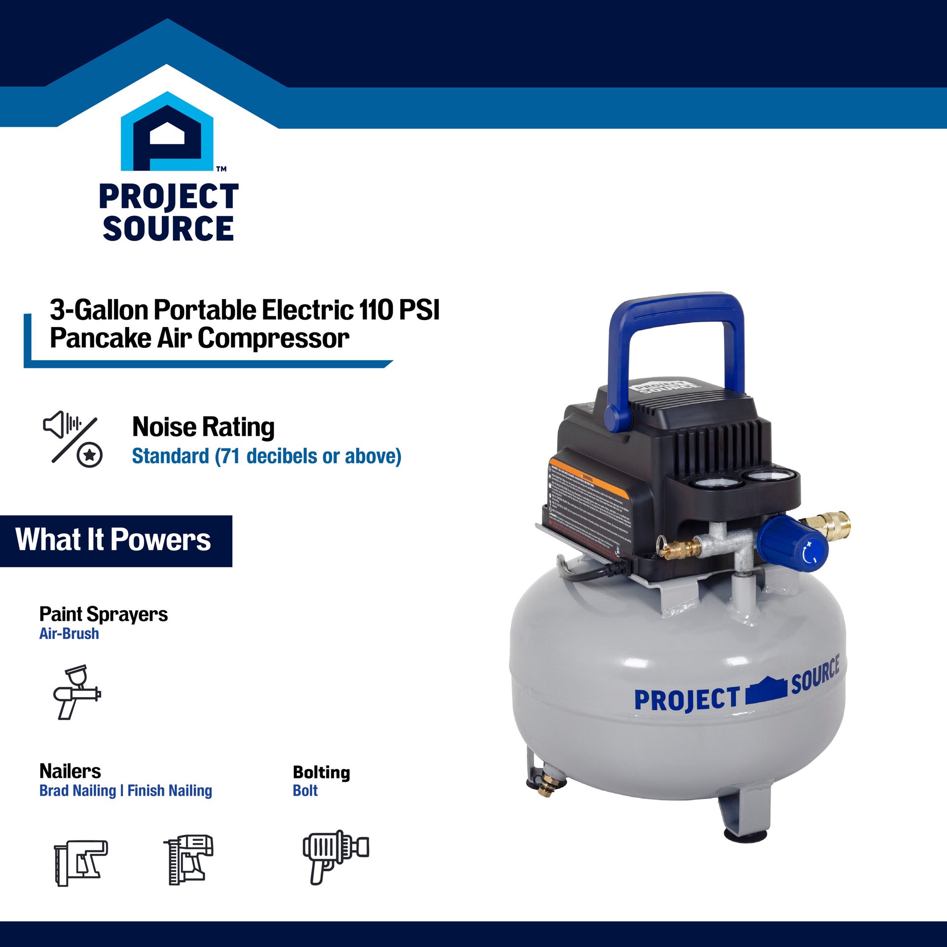 slide 2 of 6, Project Source 3-Gallon Portable Electric 110 PSI Pancake Air Compressor, 1 ct
