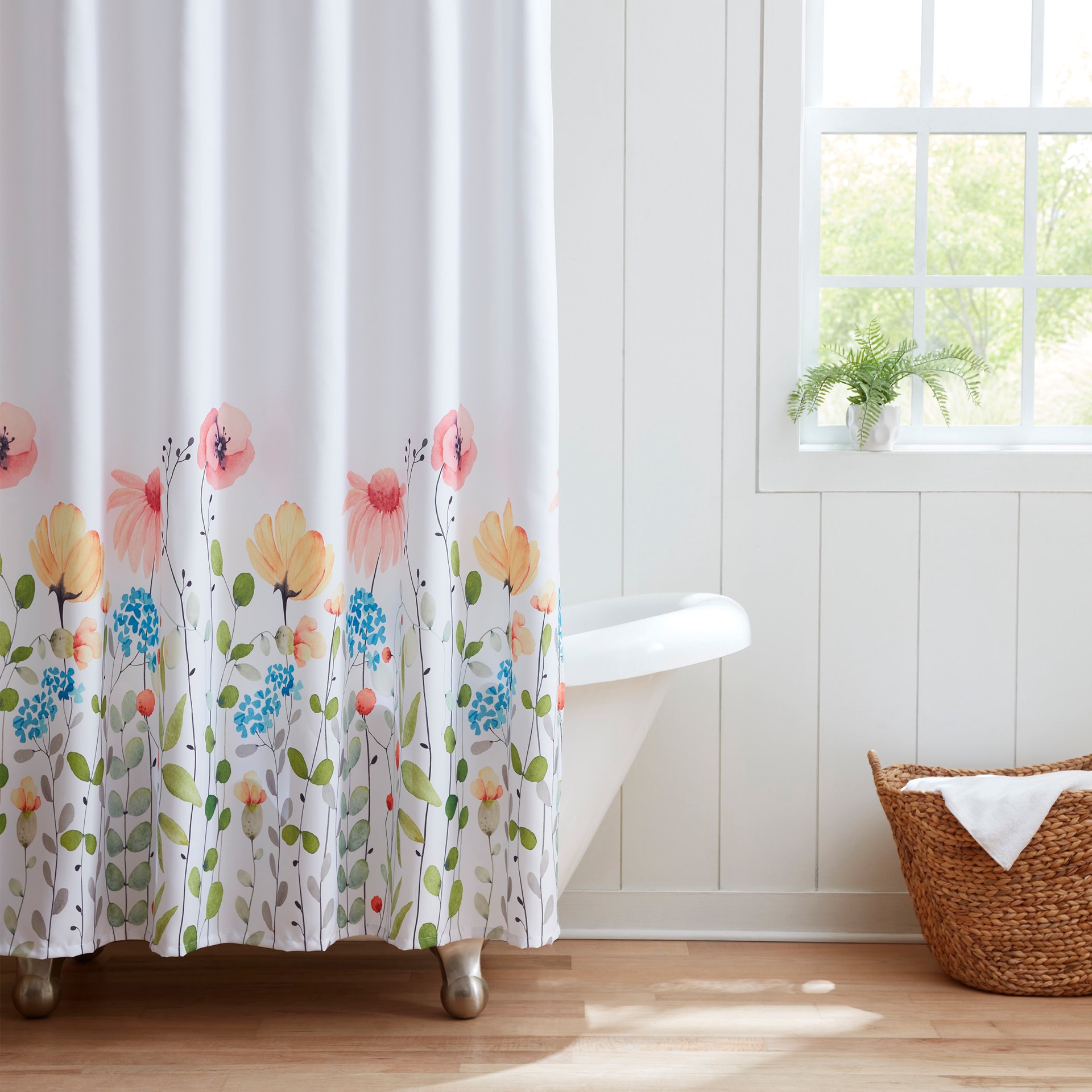 slide 1 of 5, allen + roth 72.0-in W x 72-in L White Floral Mildew Resistant Polyester Shower curtain, 1 ct