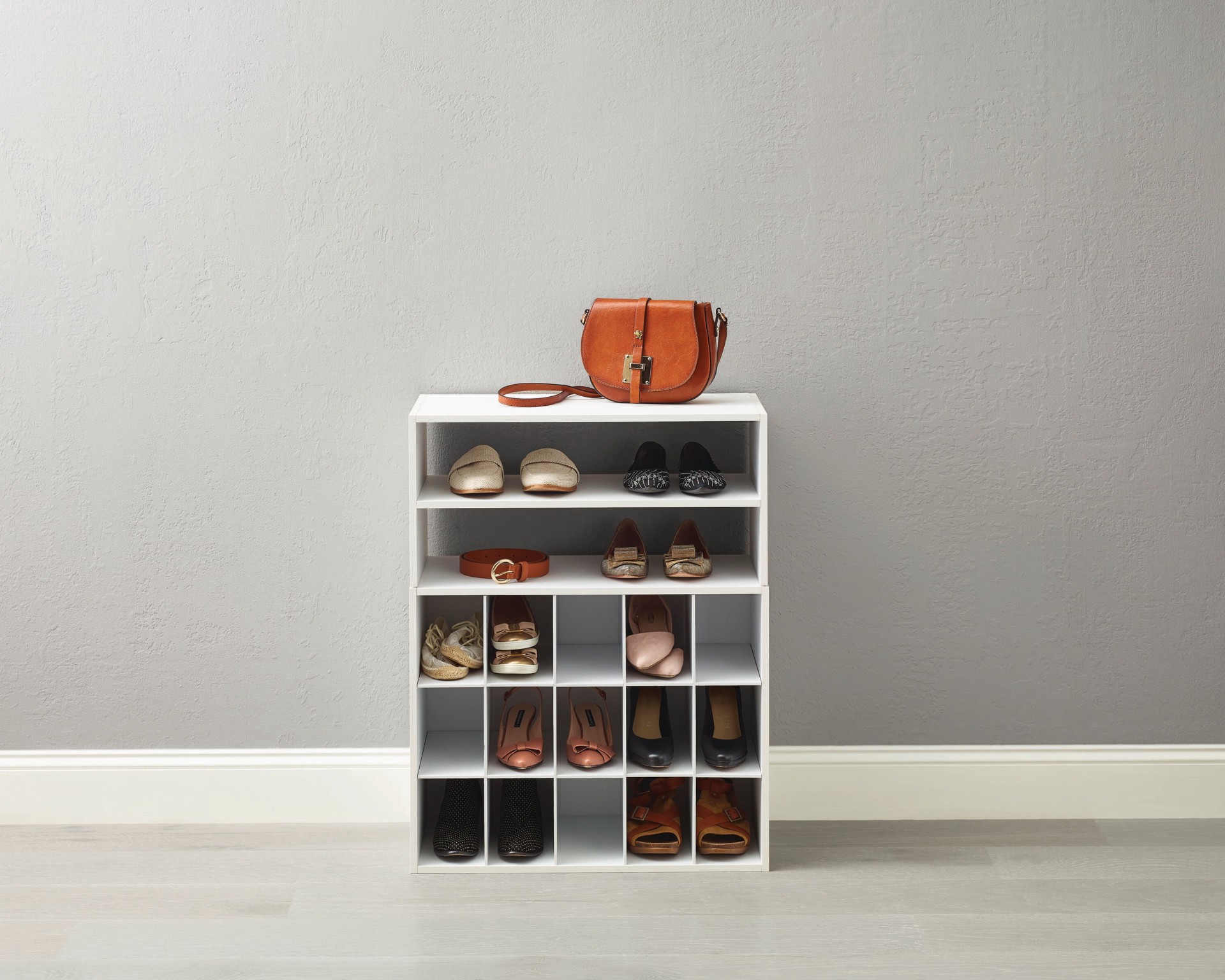 slide 3 of 6, Style Selections 19.38-in H x 24.13-in W x 11.63-in D White Stackable Wood laminate 15 Cube organizer, 1 ct