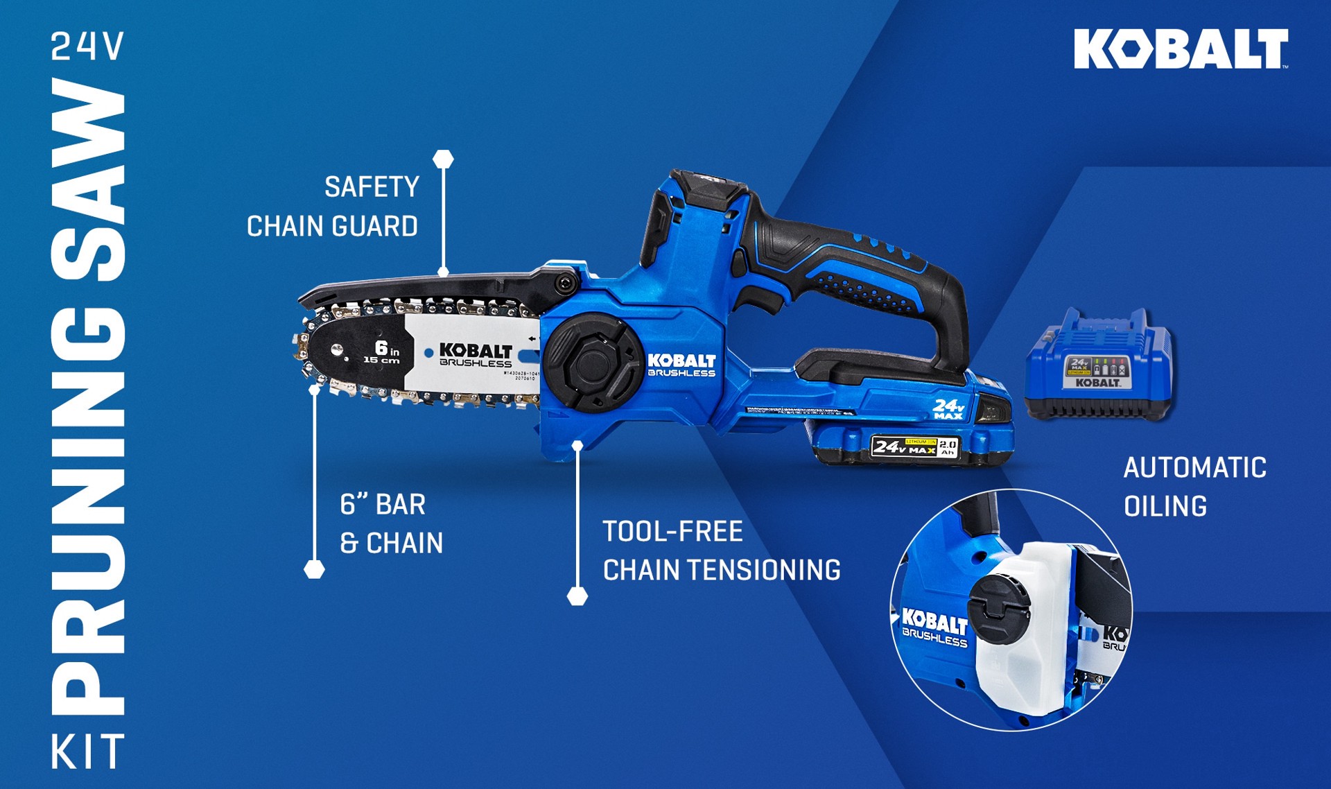 slide 3 of 6, Kobalt 24-volt 6-in Battery 2.0 Ah Chainsaw Battery Included Charger Included, 1 ct