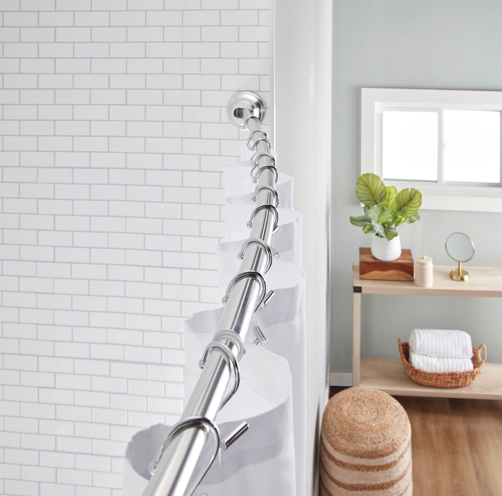 slide 2 of 6, allen + roth SHLSNC01 44-in to 72-in Chrome Fixed or tension Single curve Adjustable Shower Curtain Rod, 1 ct