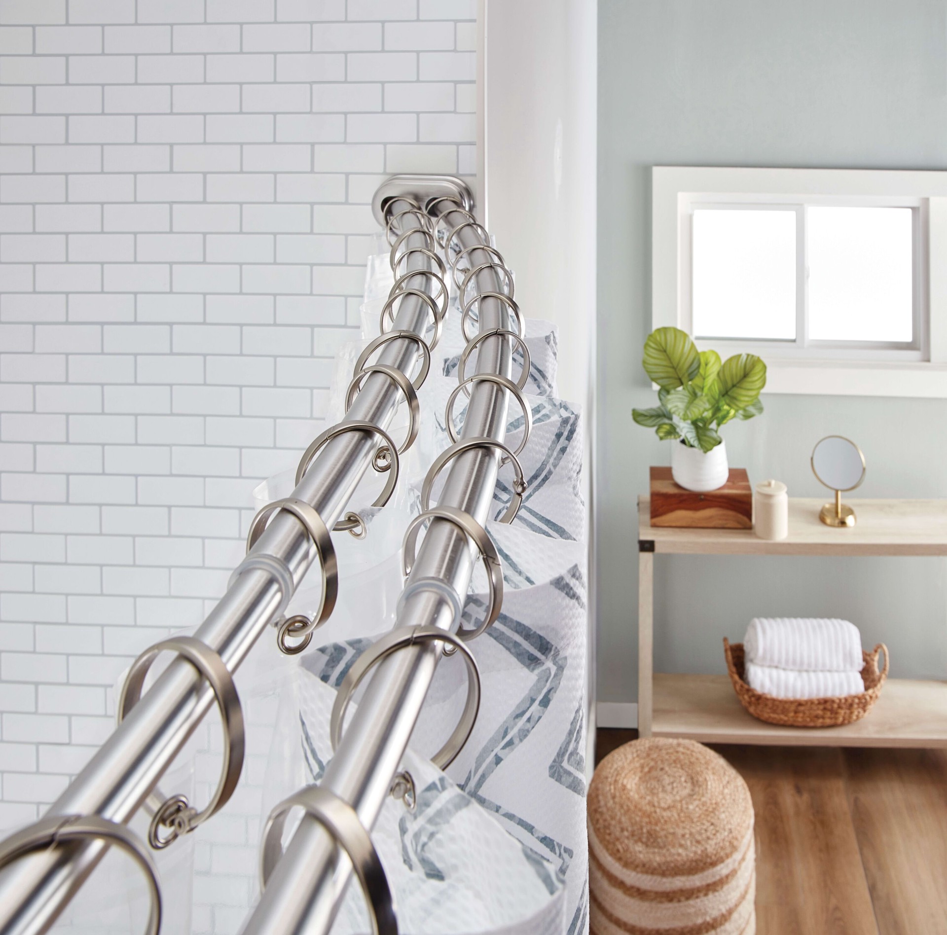 slide 2 of 6, allen + roth 44-in to 72-in Brushed Nickel Fixed or tension Double curve Adjustable Shower Curtain Rod, 1 ct