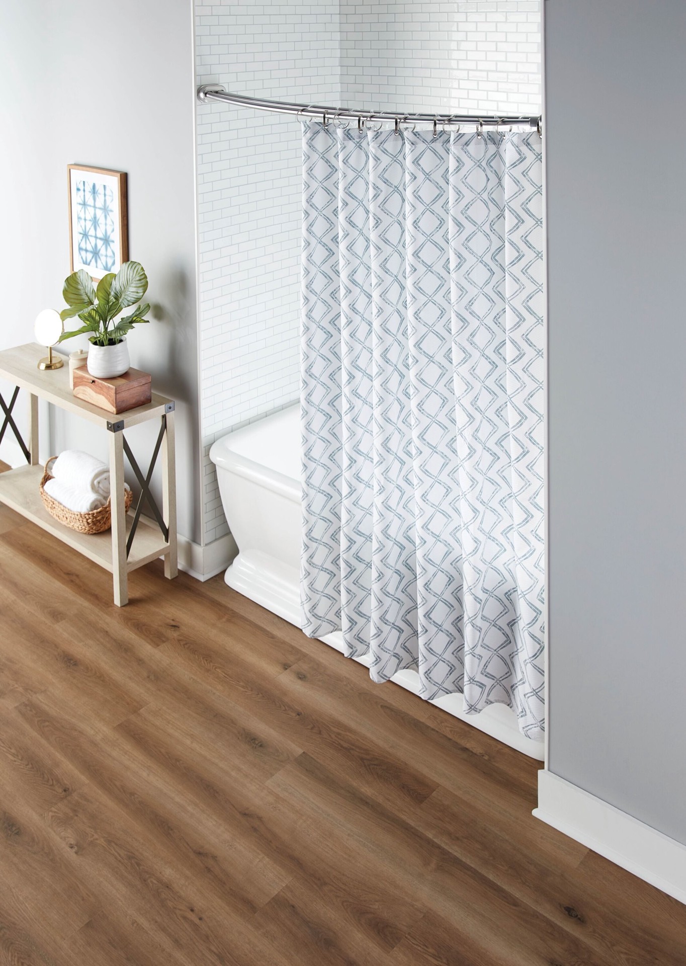 slide 5 of 6, allen + roth 44-in to 72-in Brushed Nickel Fixed or tension Double curve Adjustable Shower Curtain Rod, 1 ct