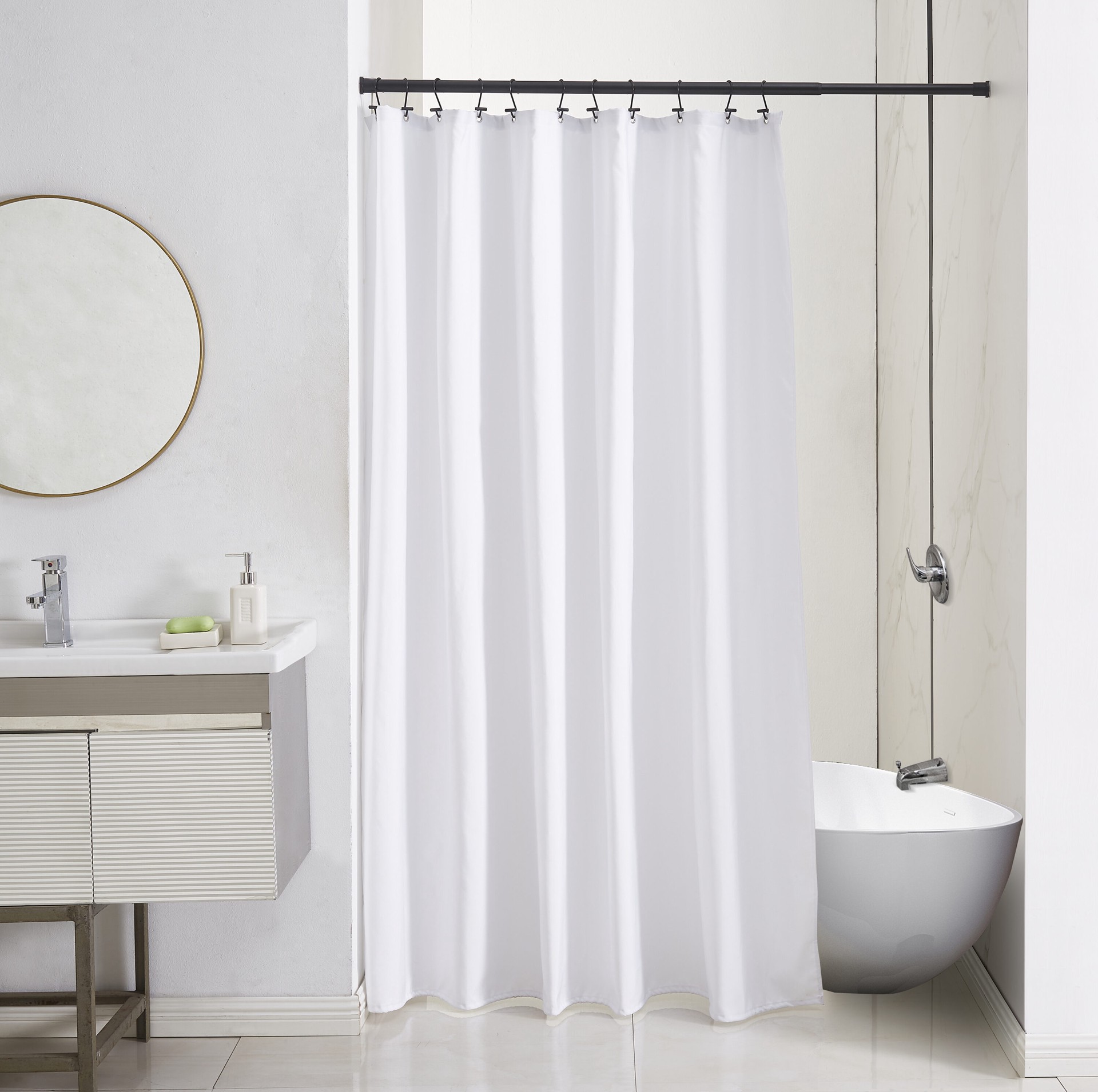 slide 5 of 6, Style Selections 42-in to 72-in Matte Black Tension Single straight Adjustable Shower Curtain Rod, 1 ct
