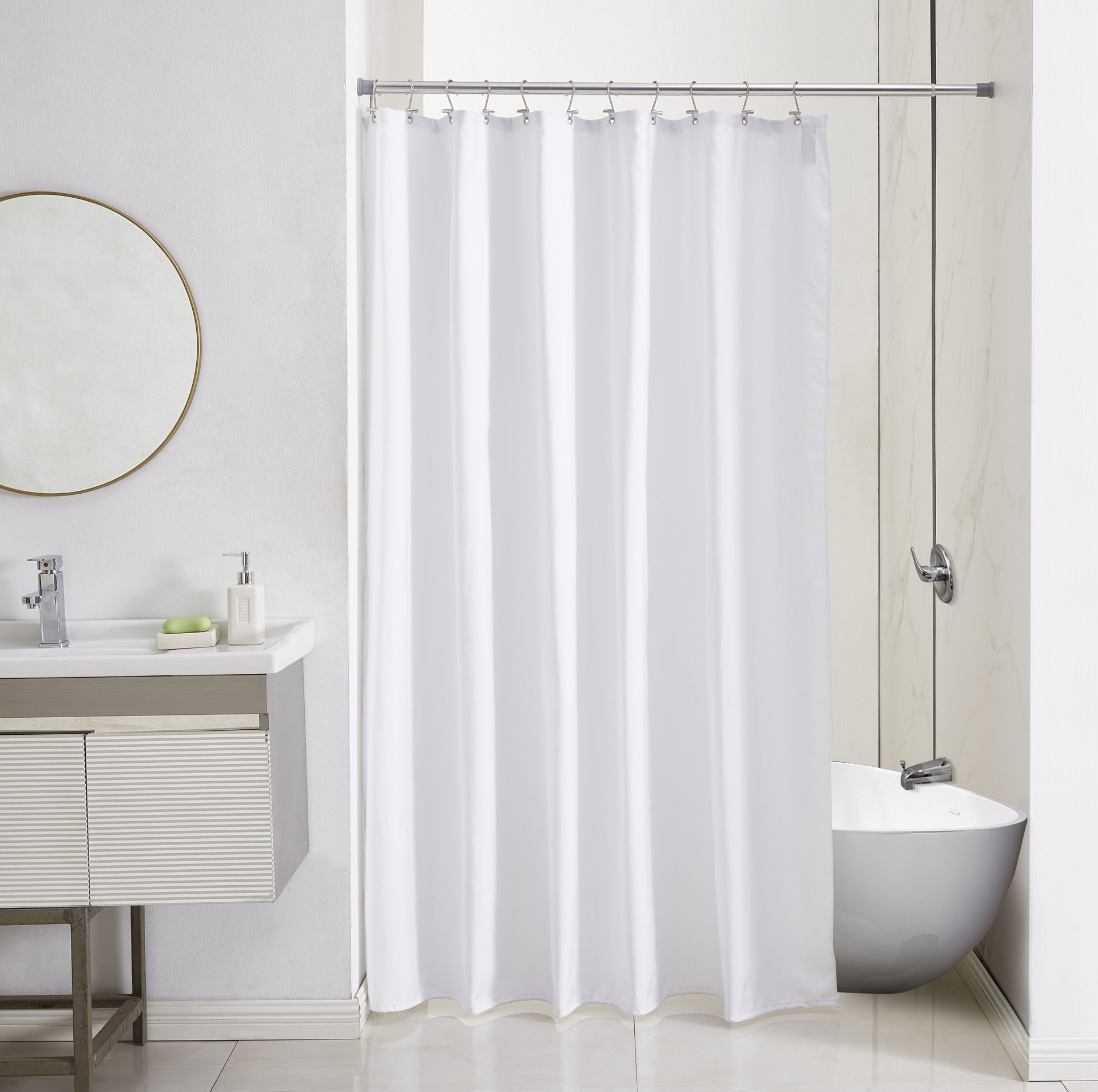 slide 5 of 6, Style Selections 51-in to 86-in Brushed Nickel Tension Single straight Adjustable Shower Curtain Rod, 1 ct