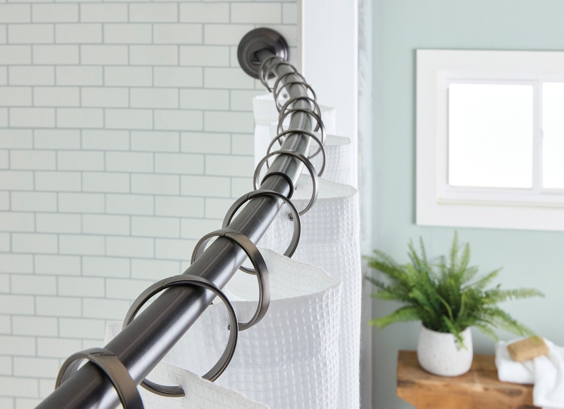 slide 2 of 6, allen + roth 44-in to 72-in Oil Rubbed Bronze Fixed or tension Single curve Adjustable Shower Curtain Rod, 1 ct