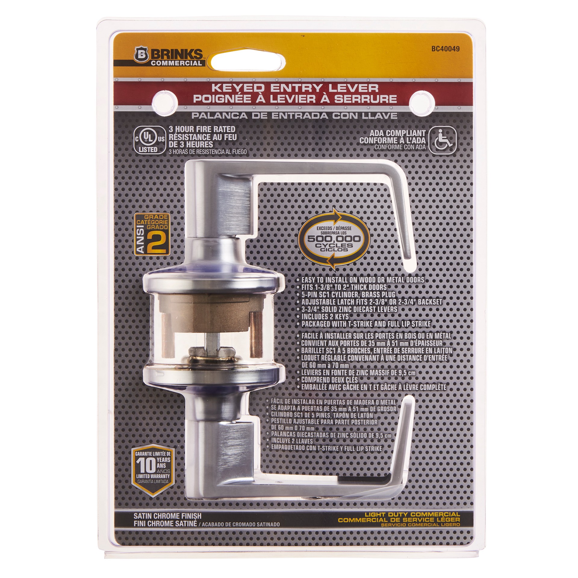 slide 1 of 6, BRINKS COMMERCIAL Light Duty Commercial Lever Satin Chrome Interior/Exterior Keyed Entry Door Handle, 1 ct