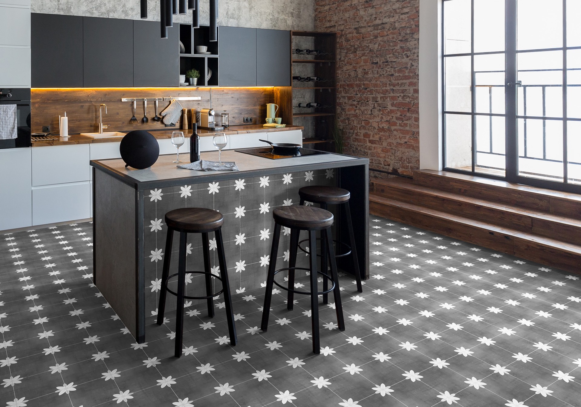 slide 4 of 6, allen + roth Fiona Black 8-in x 8-in Matte Porcelain Floor and Wall Tile ( 0.42-sq ft Piece ), 1 ct