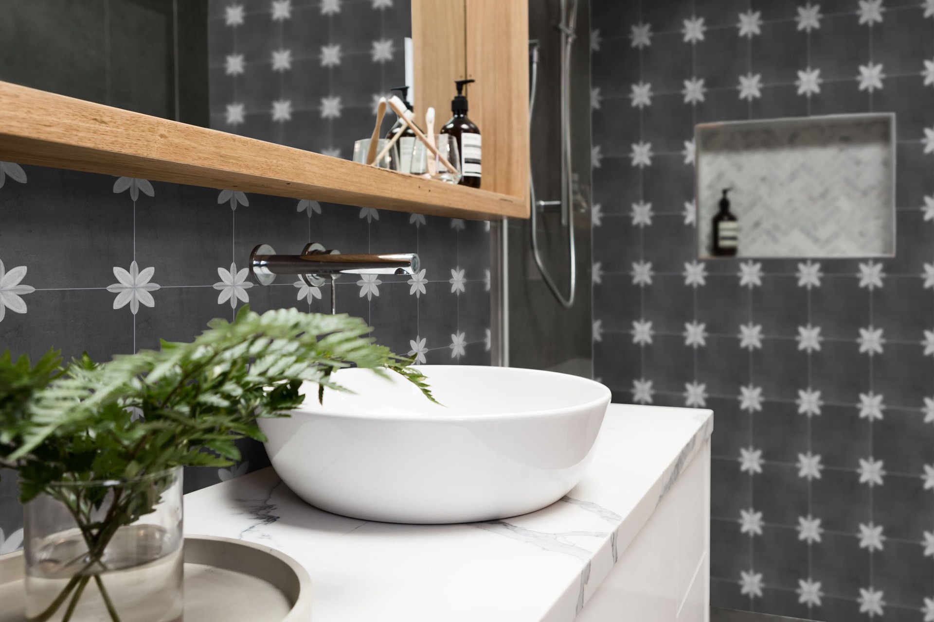 slide 5 of 6, allen + roth Fiona Black 8-in x 8-in Matte Porcelain Floor and Wall Tile ( 0.42-sq ft Piece ), 1 ct