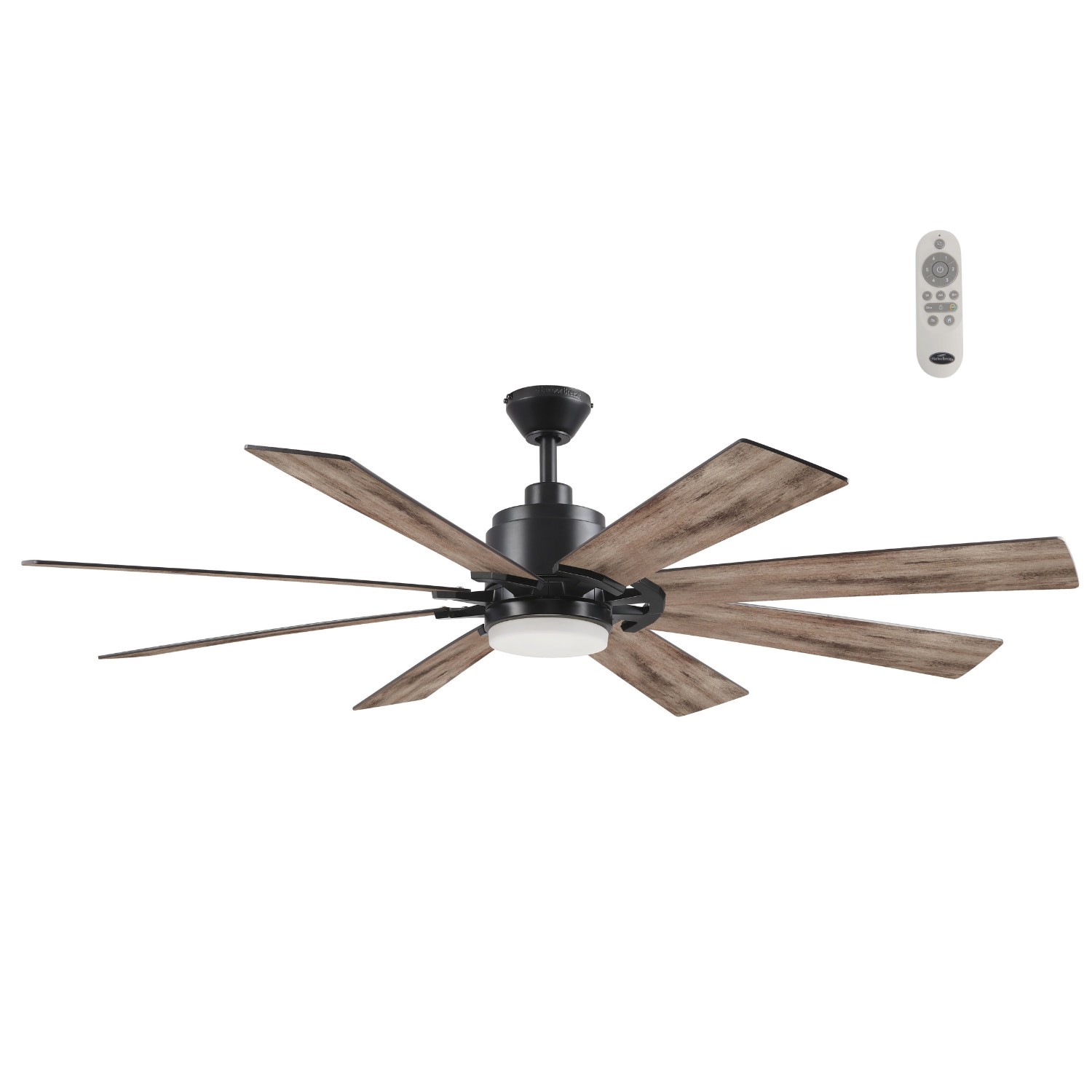 slide 4 of 6, Harbor Breeze Talamore 60-in Matte Black with Auburn/Weathered Oak Blades Color-Changing Integrated LED Covered Outdoor Downrod or Flush Mount Ceiling Fan With Light and Remote Included 8 -Blade, 1 ct