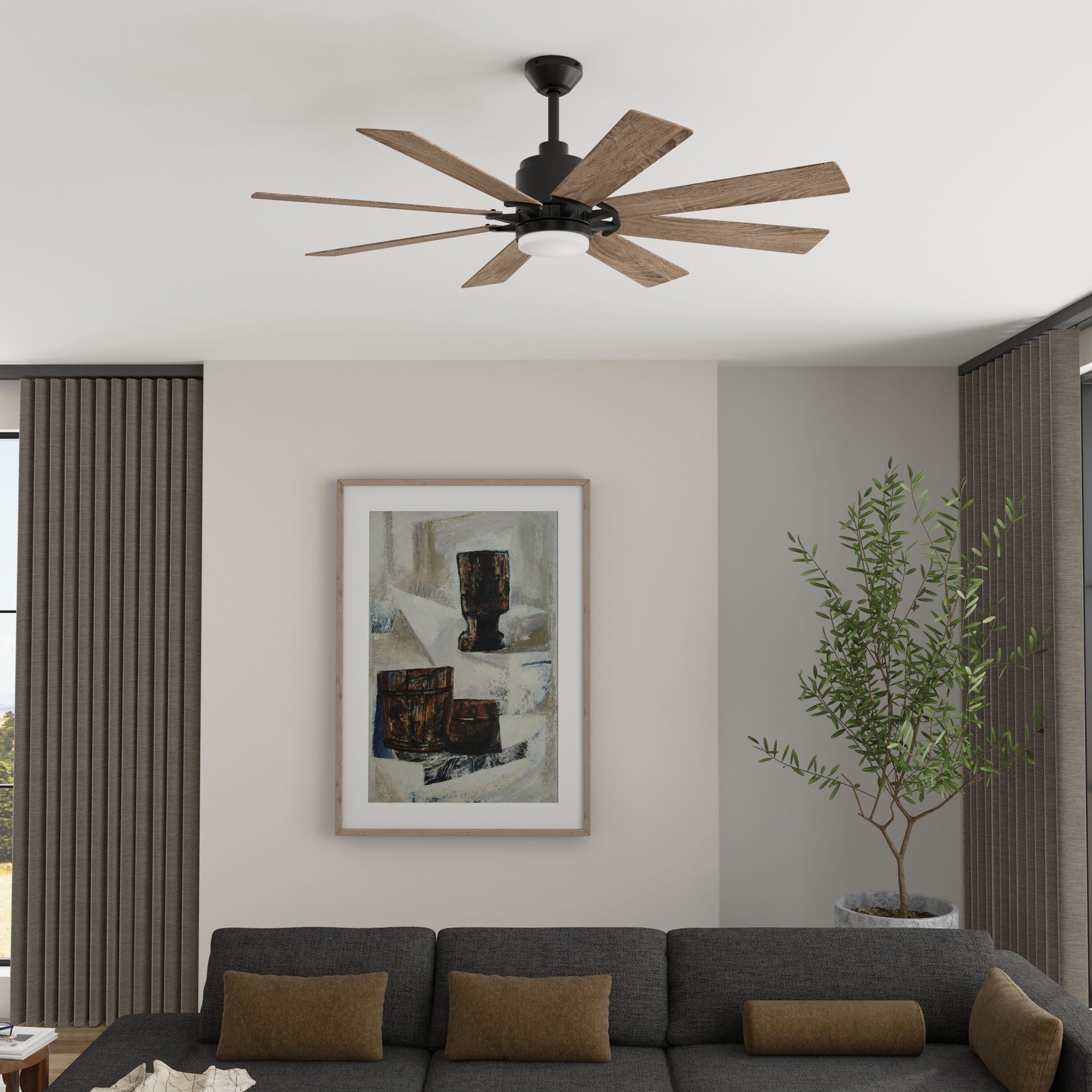 slide 6 of 6, Harbor Breeze Talamore 60-in Matte Black with Auburn/Weathered Oak Blades Color-Changing Integrated LED Covered Outdoor Downrod or Flush Mount Ceiling Fan With Light and Remote Included 8 -Blade, 1 ct