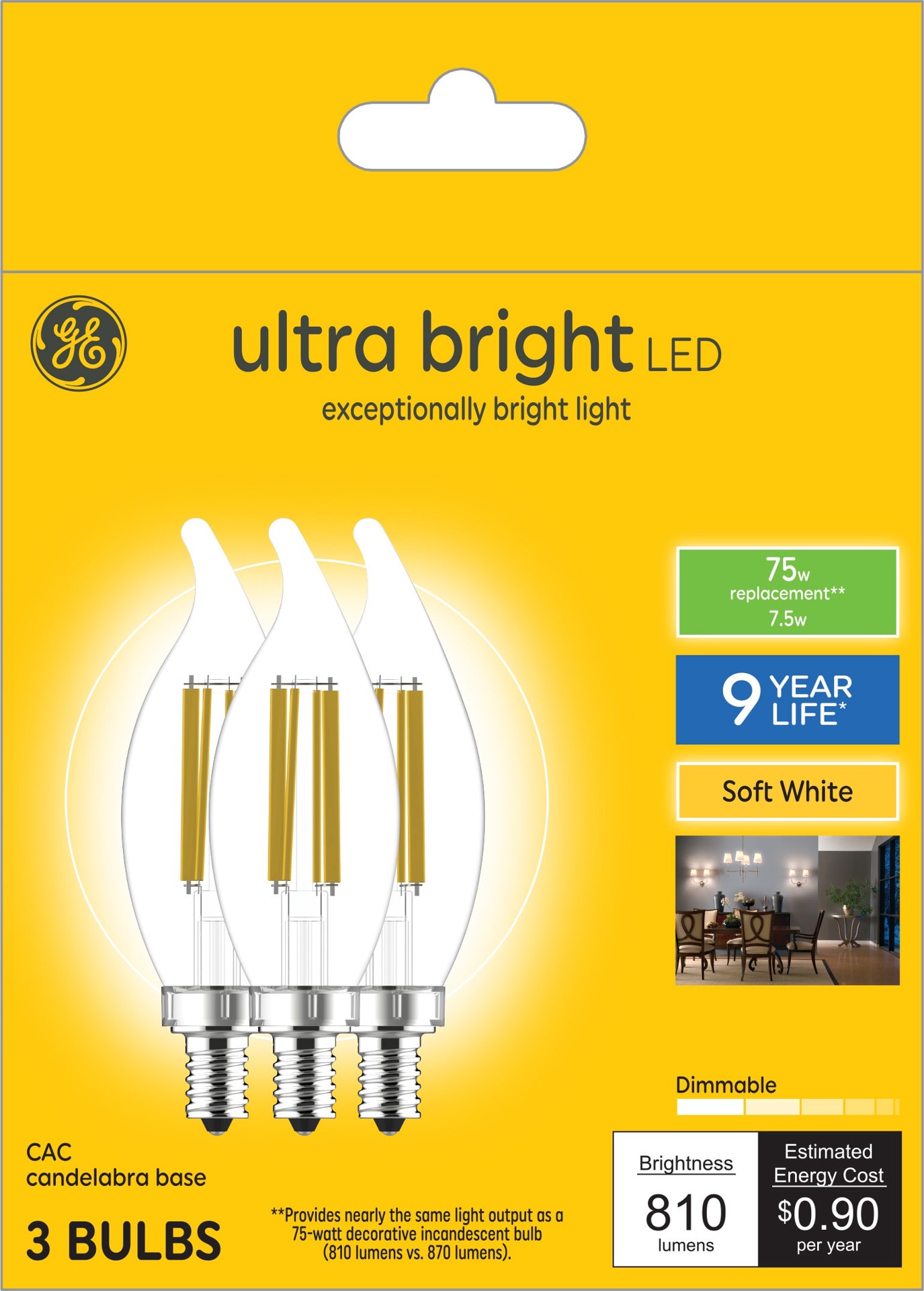 slide 1 of 6, GE Ultra Bright LED 75-Watt EQ CA11 Soft White Candelabra Base (e-12) Dimmable LED Light Bulb (3-Pack), 1 ct