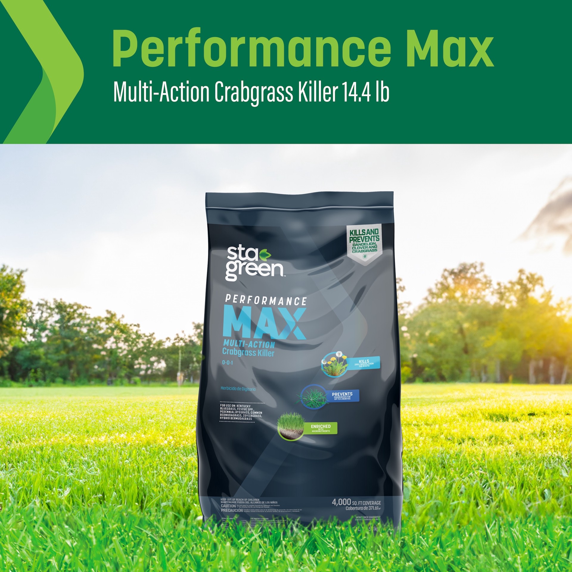 slide 3 of 6, Sta-Green Performance Max Crabgrass 15-lbs. 4000-sq ft Pre-Emergent Crabgrass control, 1 ct