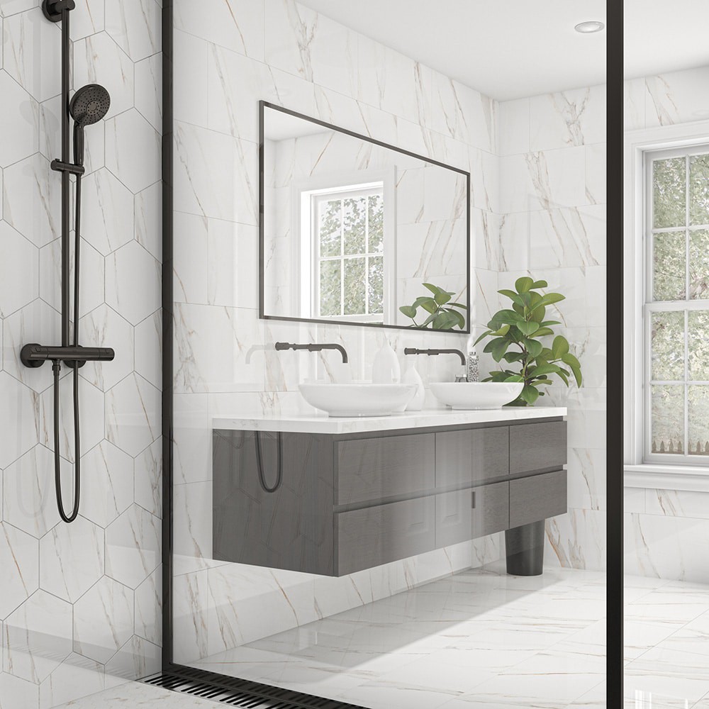 slide 2 of 6, Origin 21 Statuario Crema 10-in x 11-in Matte Porcelain Hexagon Floor and Wall Tile ( 0.624-sq ft Piece ), 1 ct