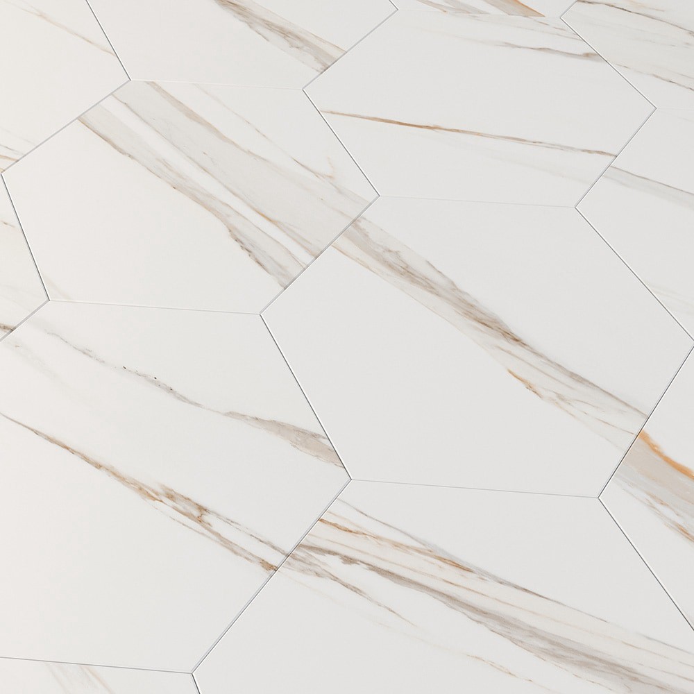 slide 6 of 6, Origin 21 Statuario Crema 10-in x 11-in Matte Porcelain Hexagon Floor and Wall Tile ( 0.624-sq ft Piece ), 1 ct