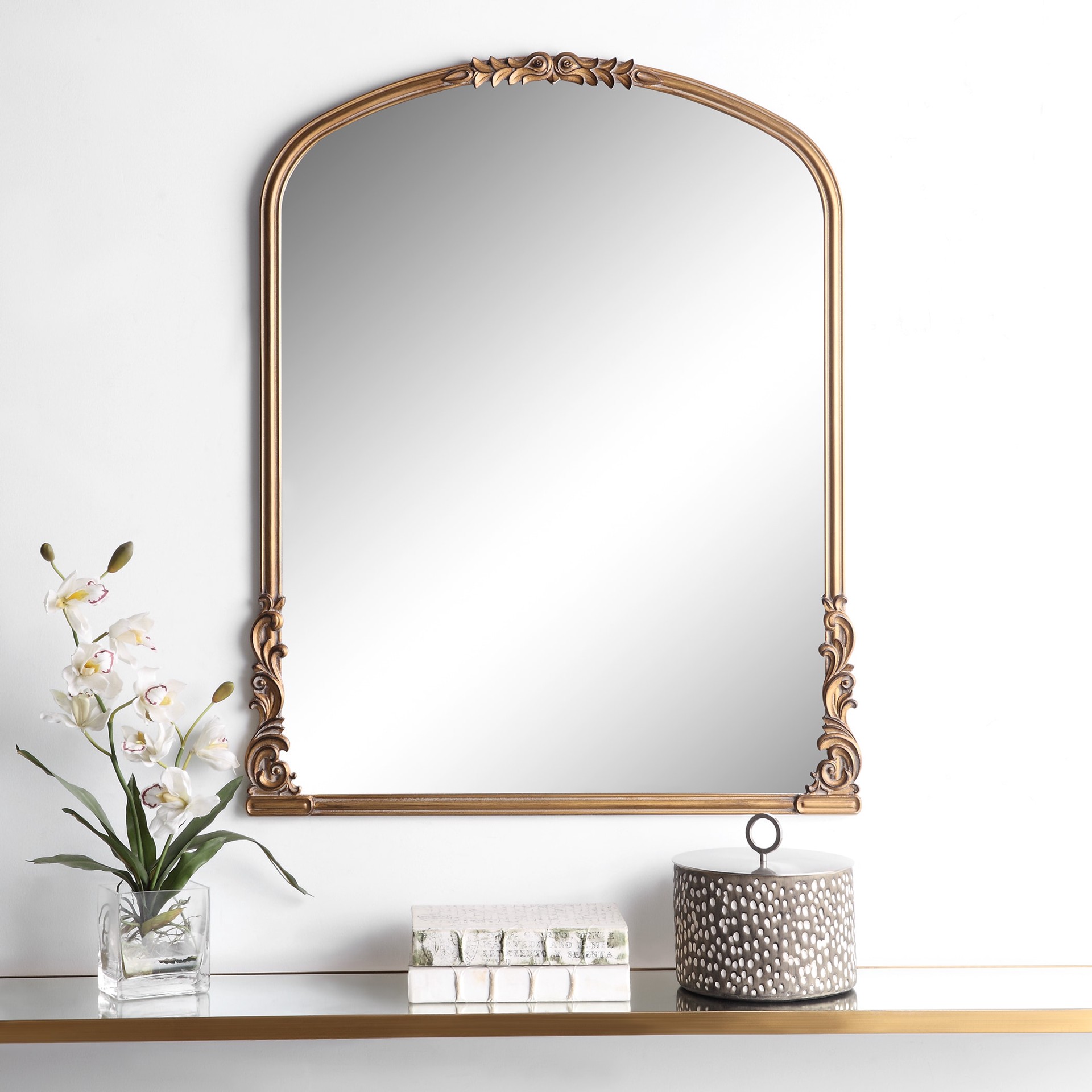 slide 1 of 6, allen + roth 28.4-in W x 35.0-in H Arch Gold Framed Wall Mirror, 1 ct