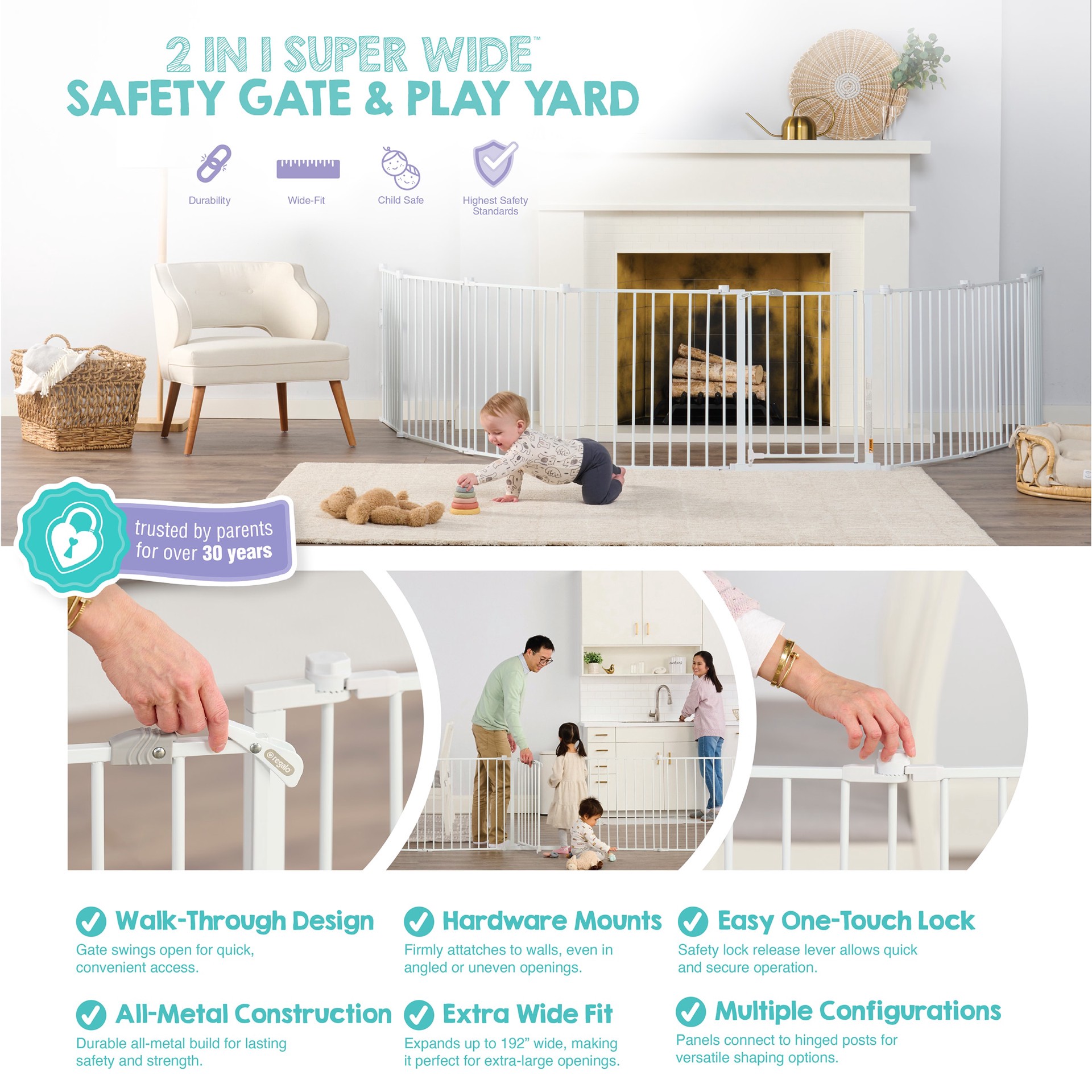 slide 3 of 6, Regalo 2 in 1 Super Wide Safety Gate Play Yard 192-in x 28-in Hardware Mounted White Metal Safety Gate, 1 ct