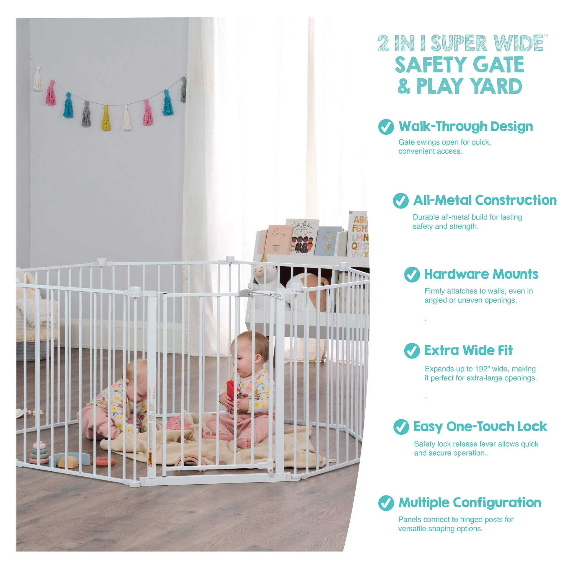 slide 4 of 6, Regalo 2 in 1 Super Wide Safety Gate Play Yard 192-in x 28-in Hardware Mounted White Metal Safety Gate, 1 ct