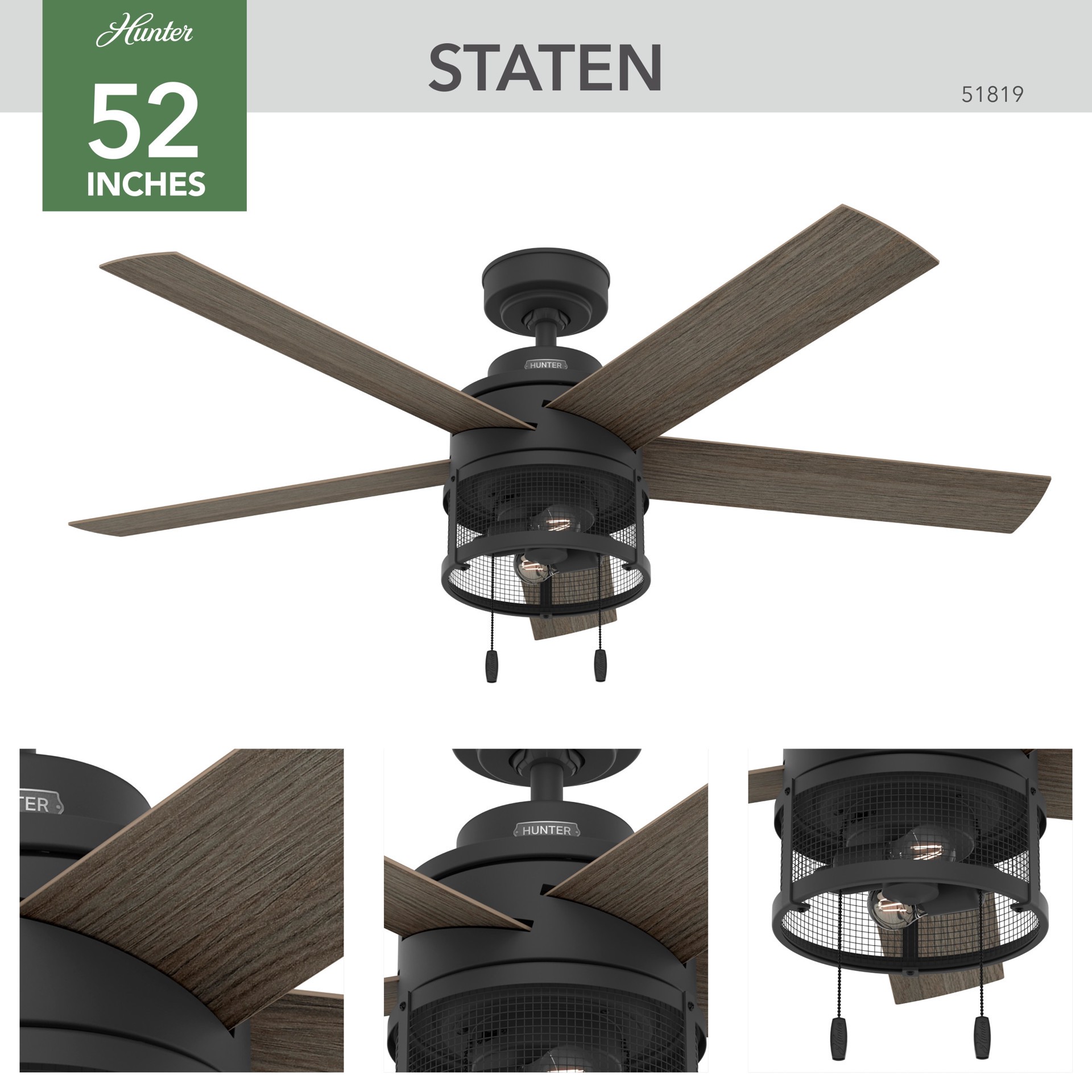 slide 6 of 6, Hunter Staten 52-in Matte Black with Greyed Walnut Blades Ceiling Fan With Light 5 -Blade, 1 ct
