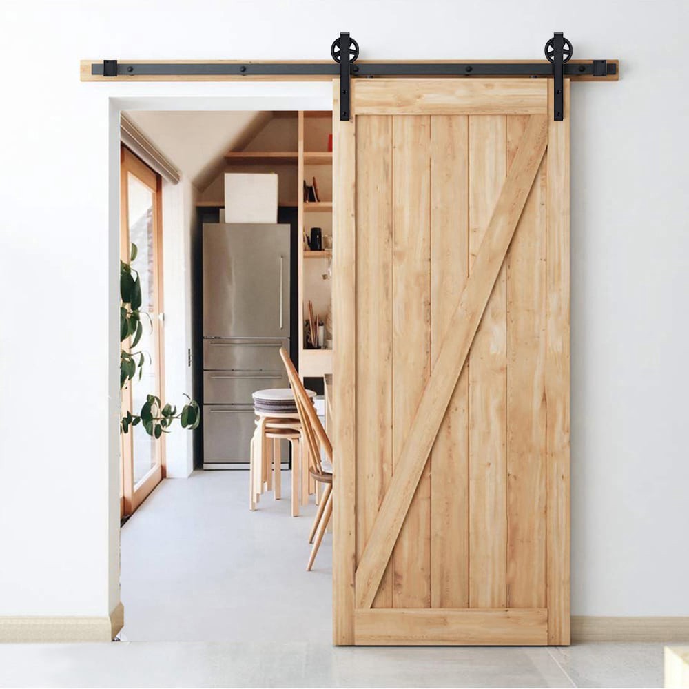 slide 3 of 6, RELIABILT 78-in Matte Matte Black Indoor Wagon wheel Single Barn door hardware kit, 1 ct