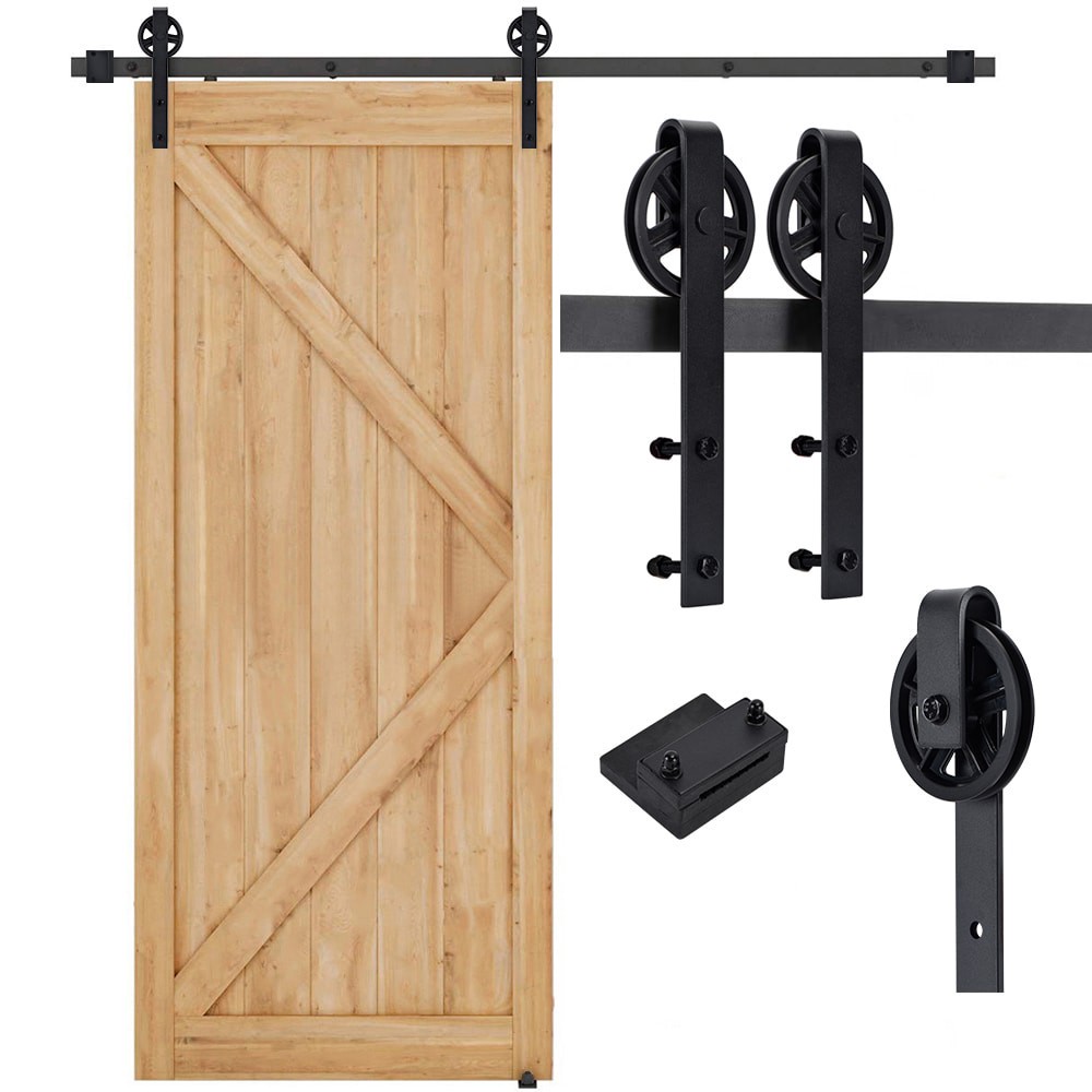 slide 4 of 6, RELIABILT 78-in Matte Matte Black Indoor Wagon wheel Single Barn door hardware kit, 1 ct