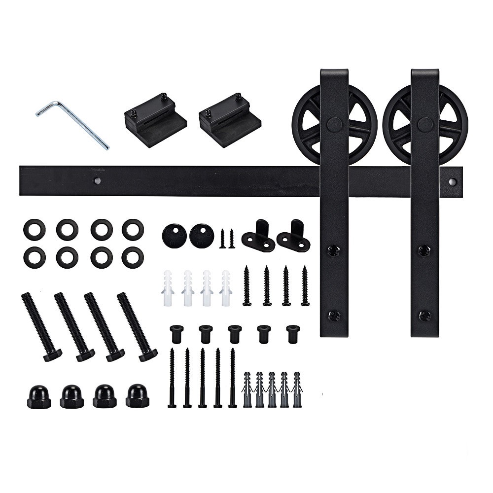 slide 1 of 6, RELIABILT 78-in Matte Matte Black Indoor Wagon wheel Single Barn door hardware kit, 1 ct