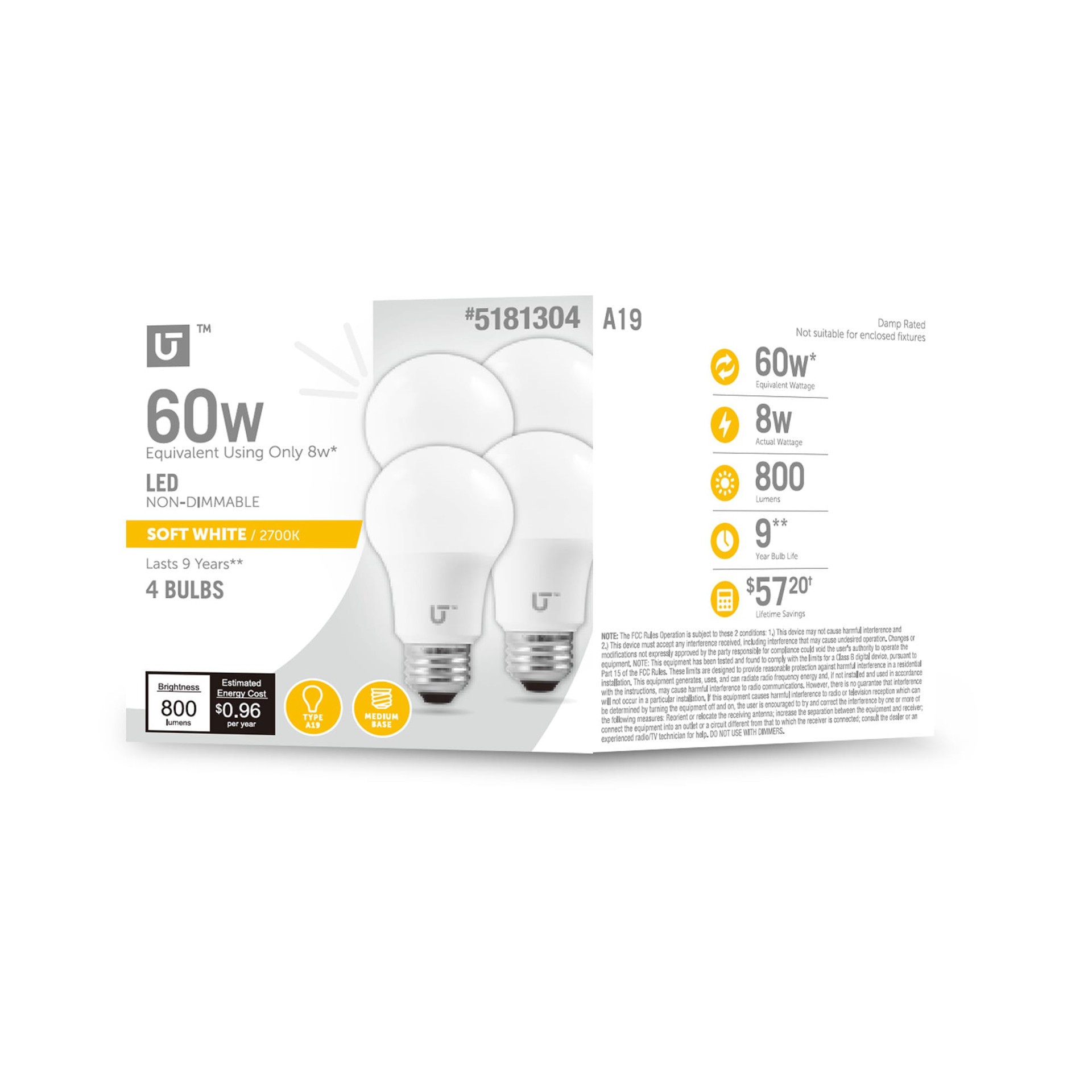 slide 1 of 6, Utilitech Non-Dimmable 60 -Watt EQ A19 Soft white LED General purpose Light Bulb 4 -Pack, 1 ct