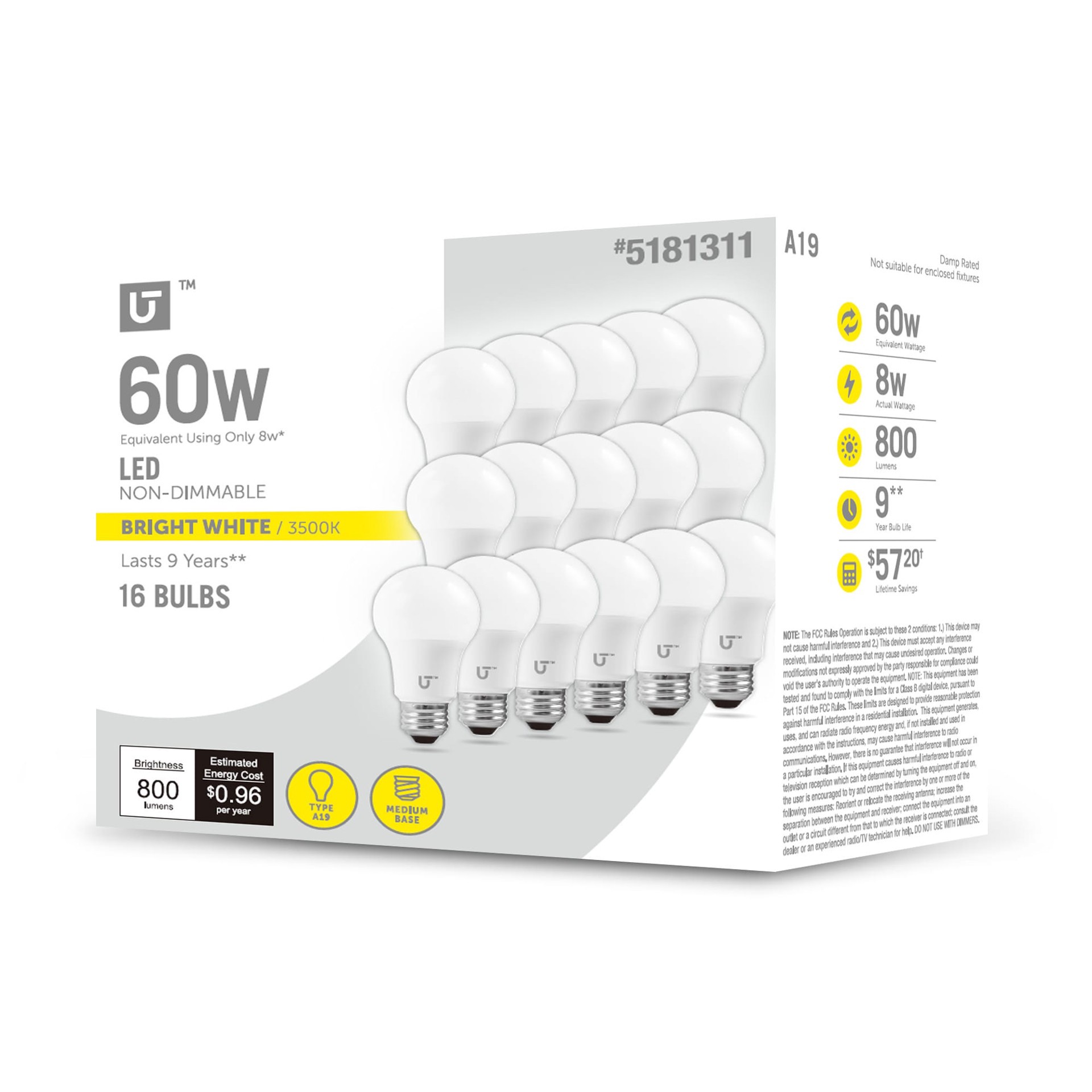 slide 1 of 6, Utilitech 60 -Watt EQ A19 Bright white LED General purpose Light Bulb 16 -Pack, 1 ct