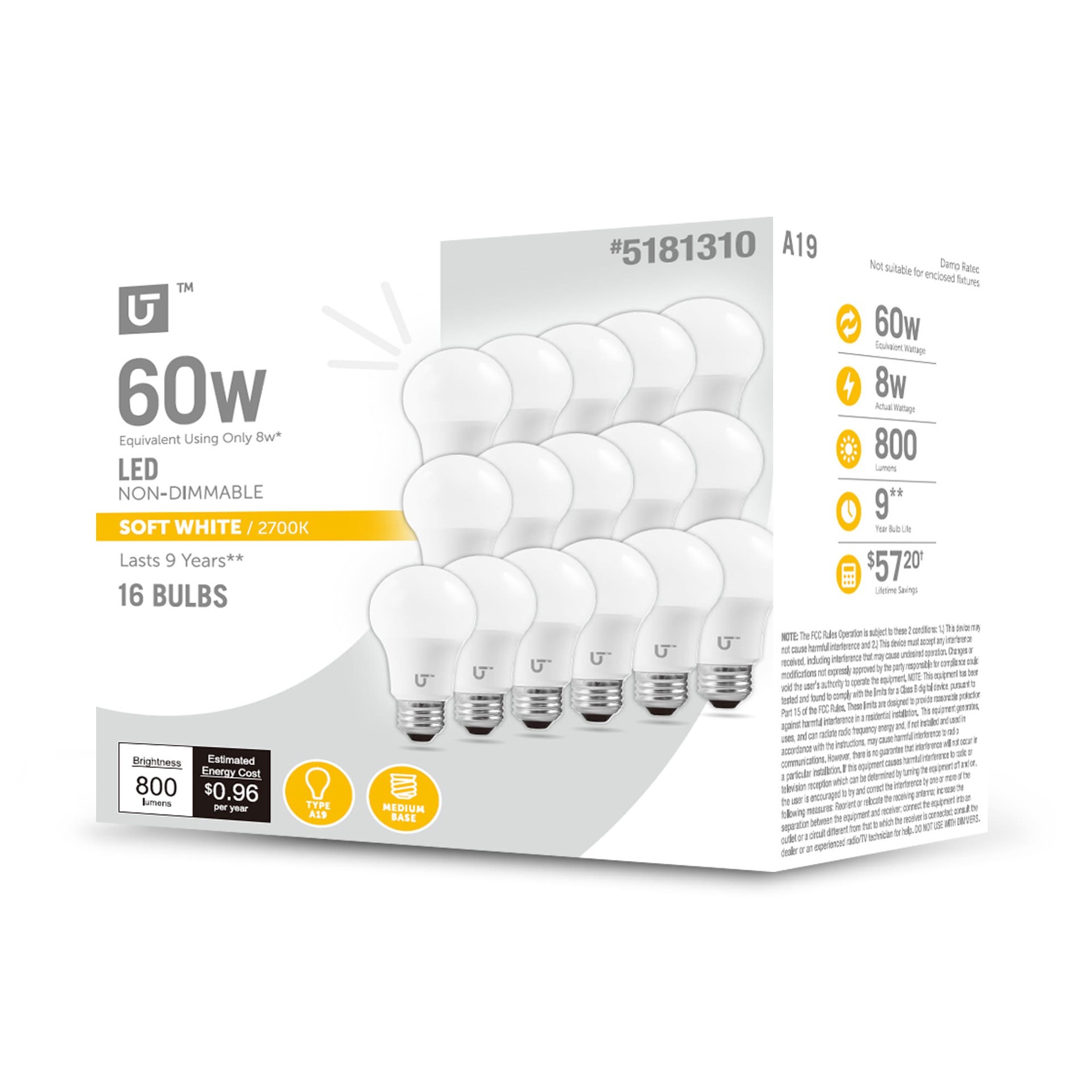 slide 1 of 6, Utilitech 60 -Watt EQ A19 Soft white LED General purpose Light Bulb 16 -Pack, 1 ct