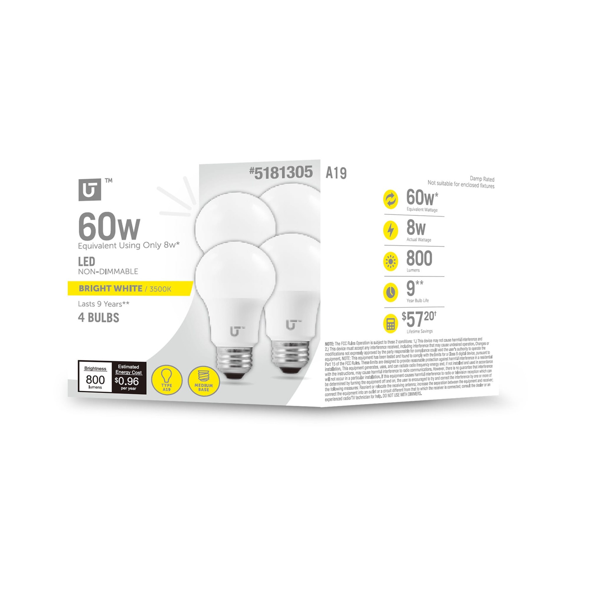 slide 1 of 6, Utilitech Non-Dimmable 60 -Watt EQ A19 Bright white LED General purpose Light Bulb 4 -Pack, 1 ct