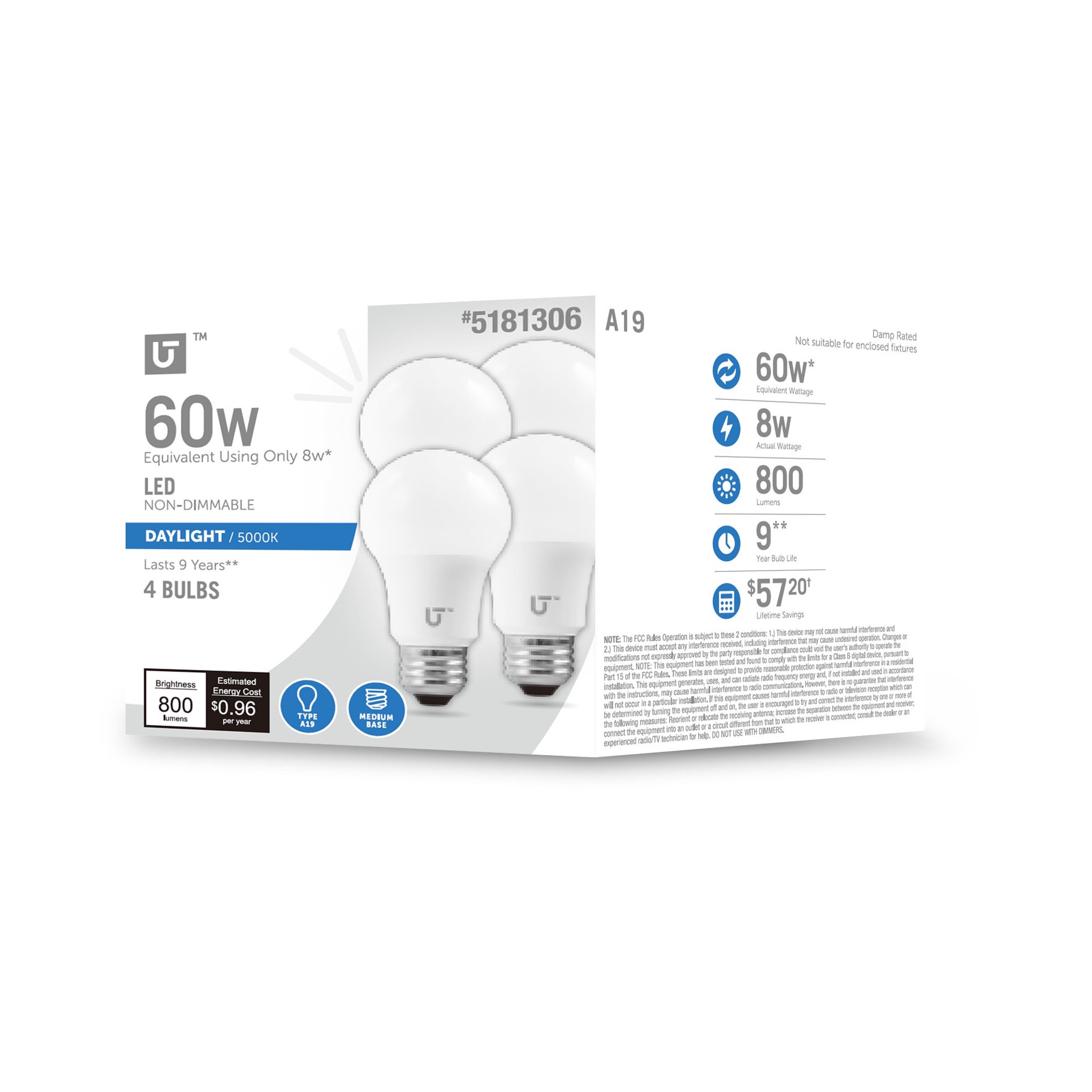 slide 1 of 6, Utilitech Non-Dimmable 60 -Watt EQ A19 Daylight LED General purpose Light Bulb 4 -Pack, 1 ct