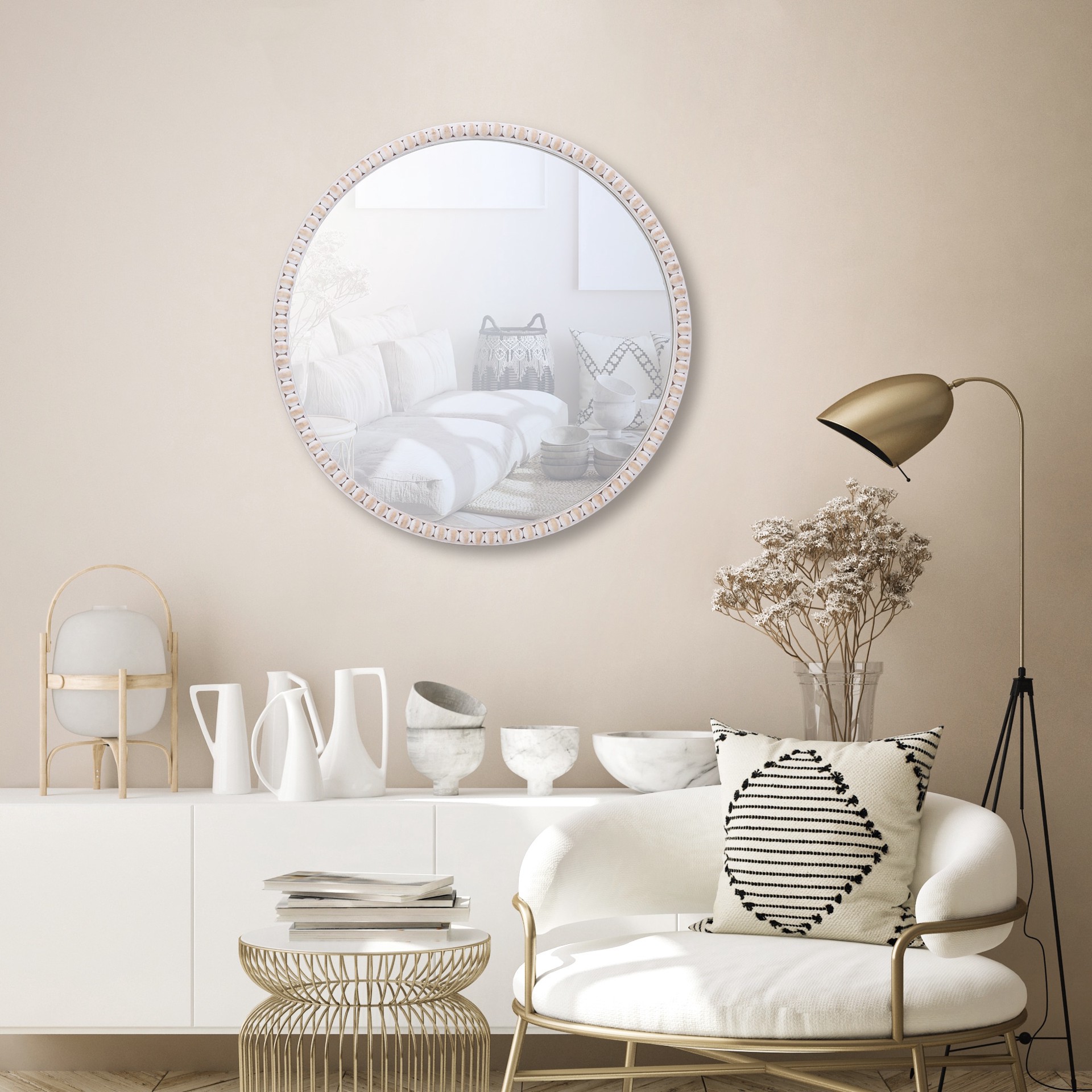 slide 1 of 6, allen + roth 27.5-in W x 30.0-in H Round White wash Framed Wall Mirror, 1 ct