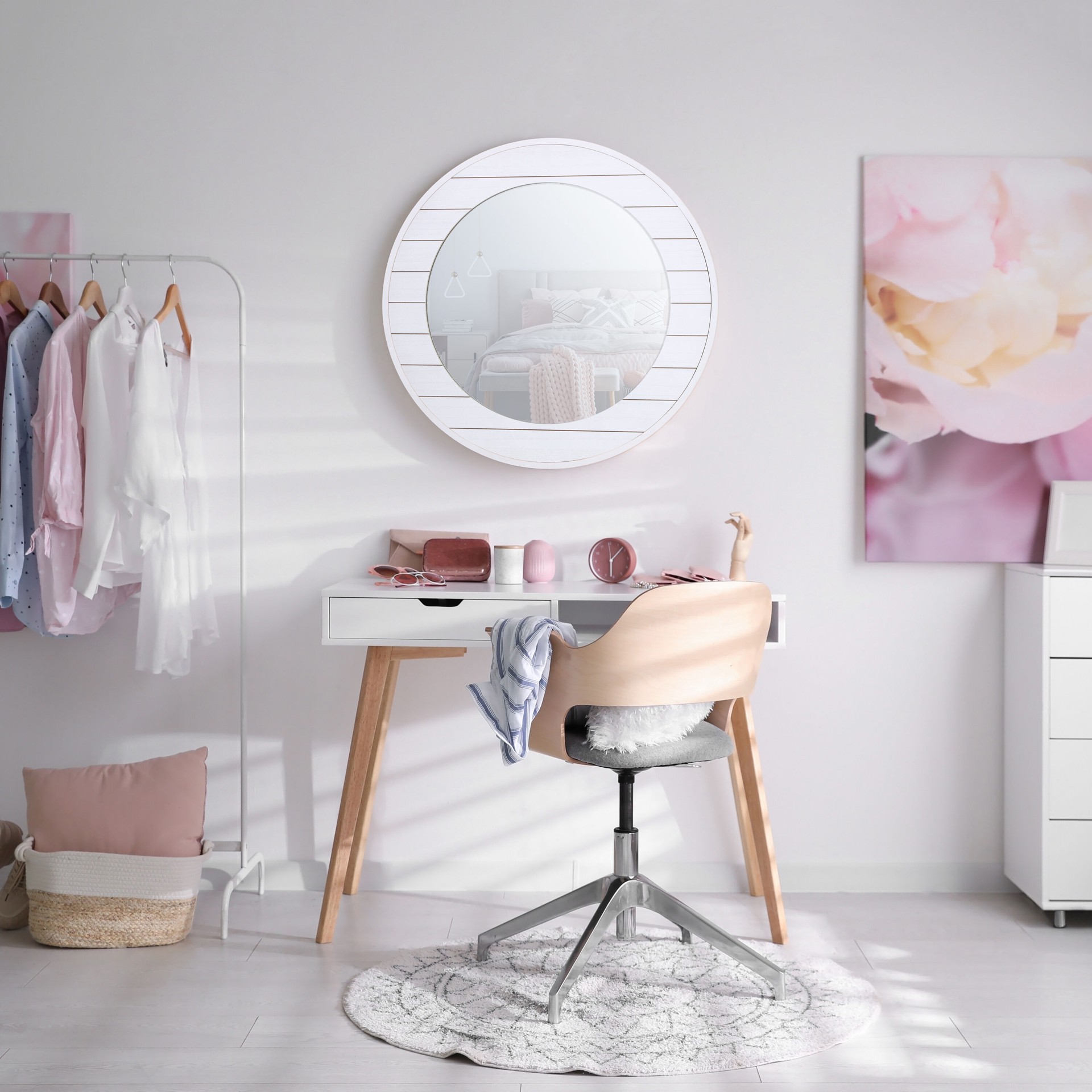 slide 1 of 6, allen + roth 31-in W x 31.0-in H Round White Framed Wall Mirror, 1 ct