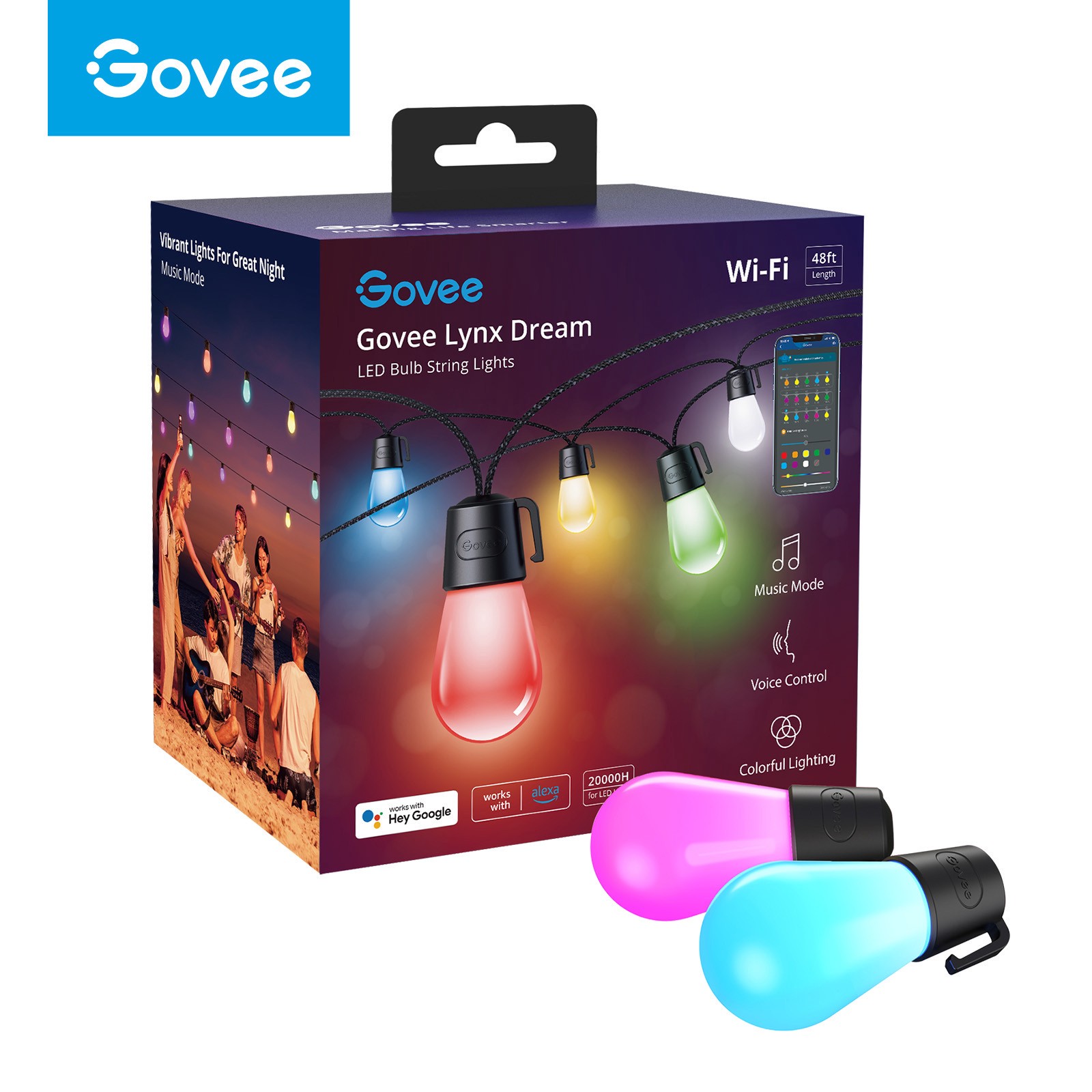 slide 1 of 6, Govee 48-ft Plug-in Multicolor Indoor/Outdoor String Light with 15 Color changing -Light LED Edison Bulbs Bluetooth Compatibility Wi-Fi Compatibility, 1 ct