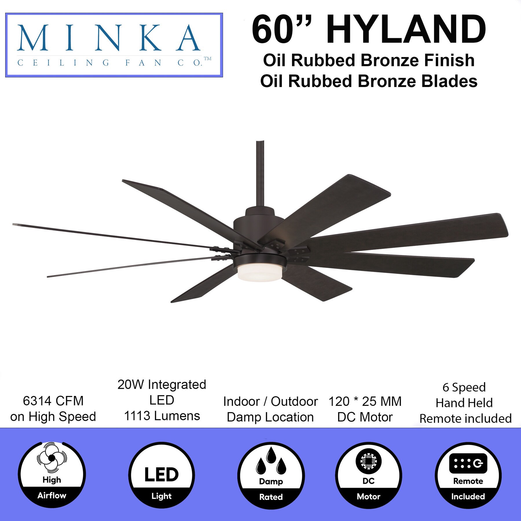 slide 4 of 6, Minka Ceiling Fan Co. Hyland 60-in Integrated LED Outdoor Oil Rubbed Bronze with Oil Rubbed Bronze Blades Ceiling Fan With Light - Remote Included ( 8 -Blade ), 1 ct