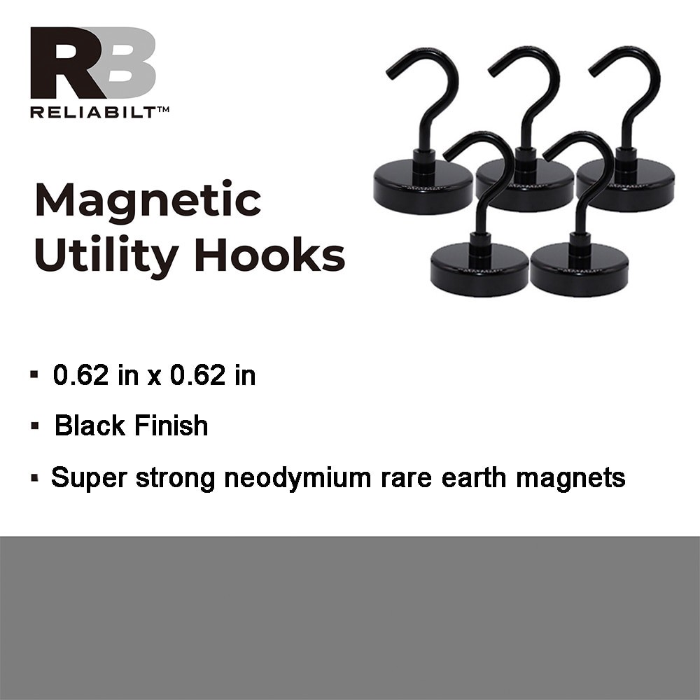 slide 2 of 5, RELIABILT Rare Earth Neodymium 5 -Pack Black Magnetic Storage/Utility hook ( 1.5-lb Capacity), 1 ct