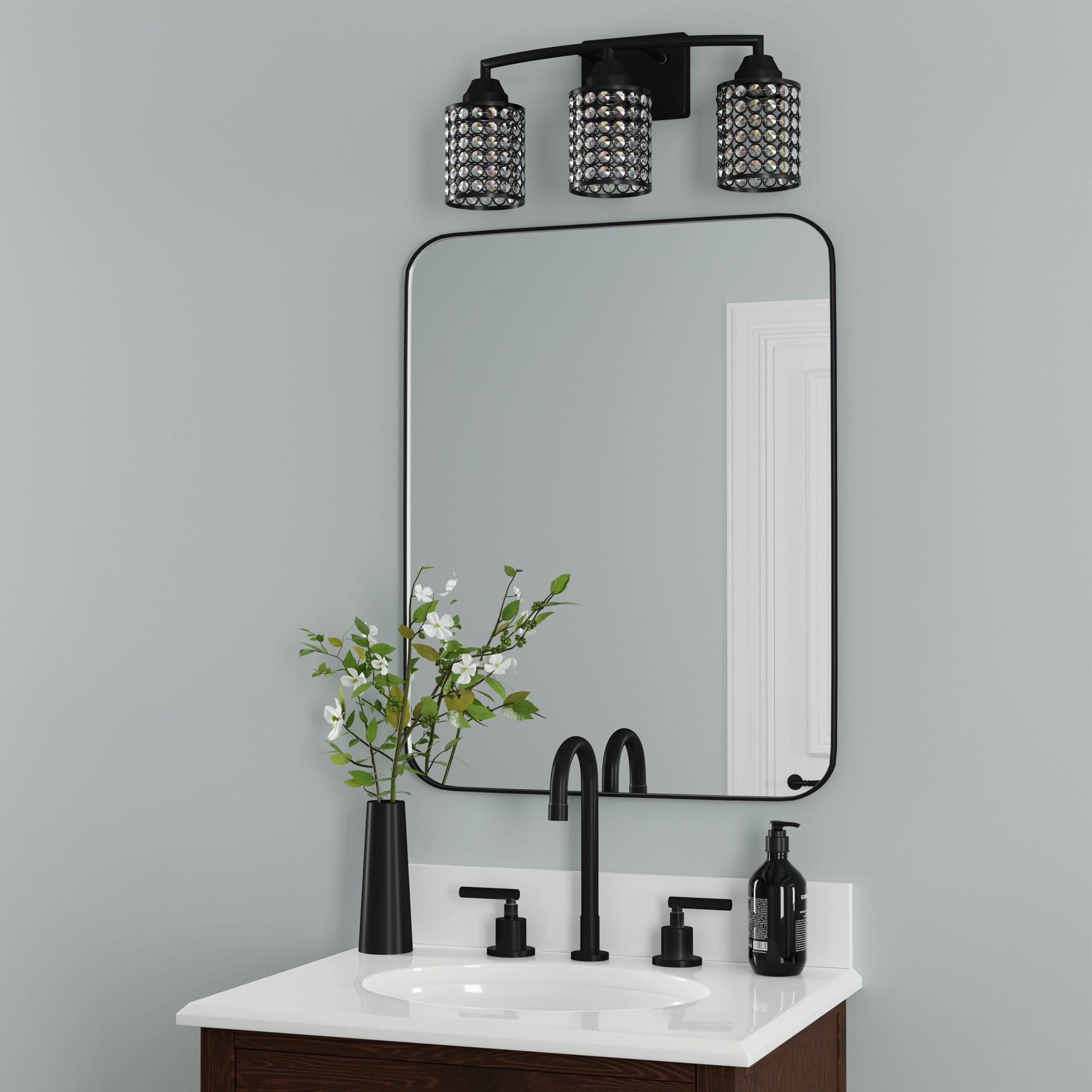 slide 6 of 6, Style Selections Mix and Match 18.63-in 3 -Light Matte Black Transitional Vanity light fitter, 1 ct