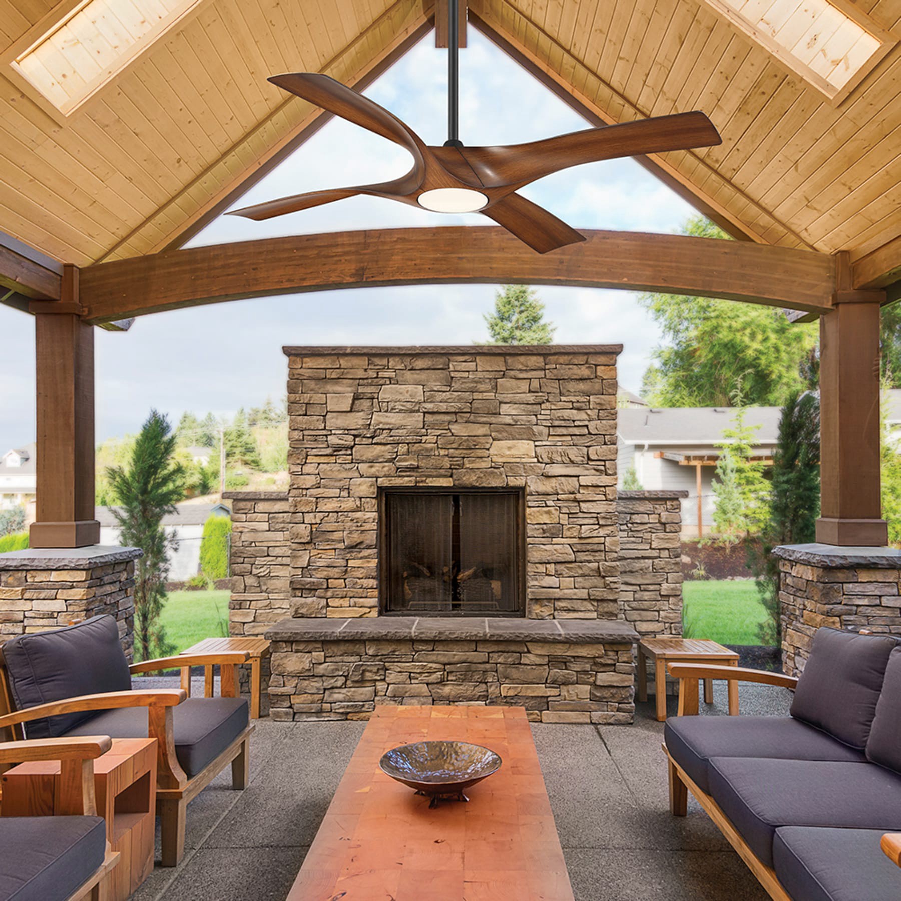 slide 4 of 6, Minka Ceiling Fan Co. Rowland 56-in Matte Black with Distressed Koa Blades Color-Changing Integrated LED Covered Outdoor Ceiling Fan With Light and Remote Included 4 -Blade, 1 ct