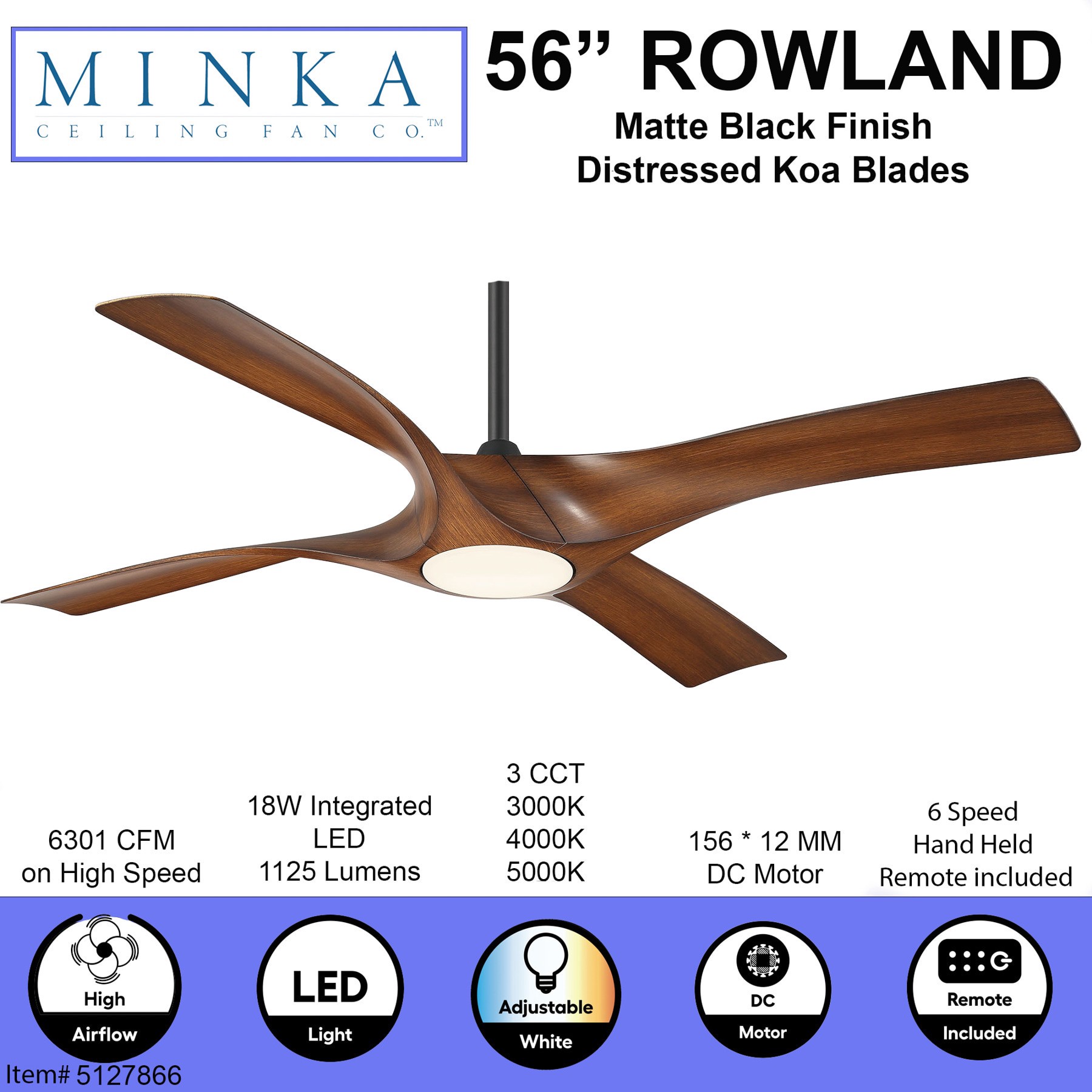 slide 5 of 6, Minka Ceiling Fan Co. Rowland 56-in Matte Black with Distressed Koa Blades Color-Changing Integrated LED Covered Outdoor Ceiling Fan With Light and Remote Included 4 -Blade, 1 ct