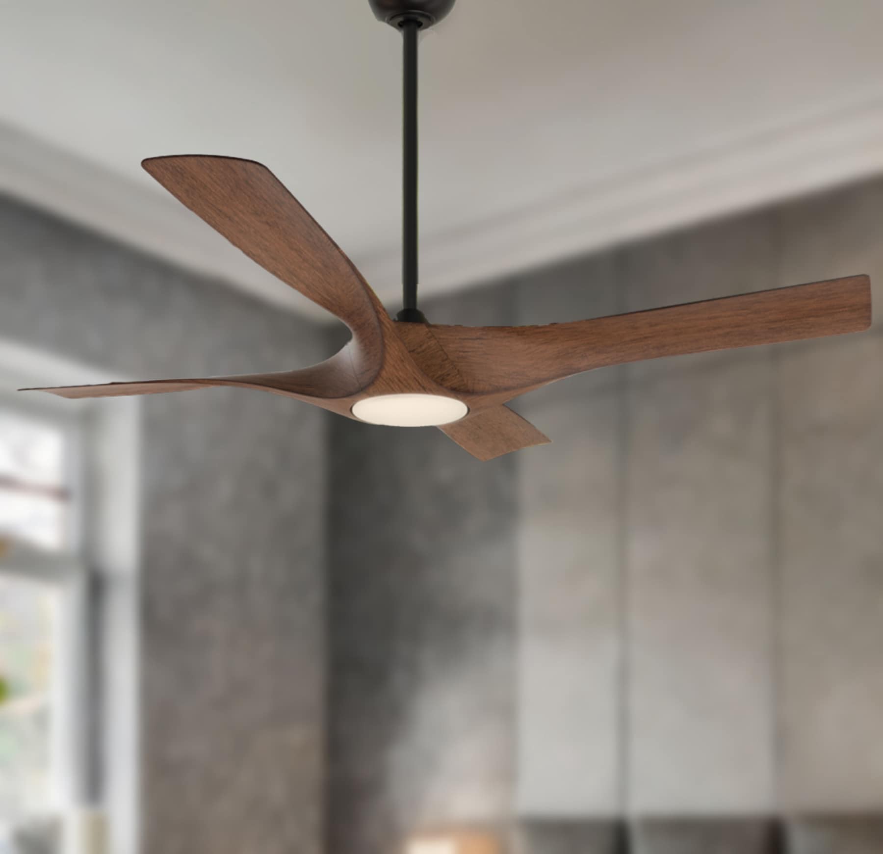 slide 1 of 6, Minka Ceiling Fan Co. Rowland 56-in Matte Black with Distressed Koa Blades Color-Changing Integrated LED Covered Outdoor Ceiling Fan With Light and Remote Included 4 -Blade, 1 ct