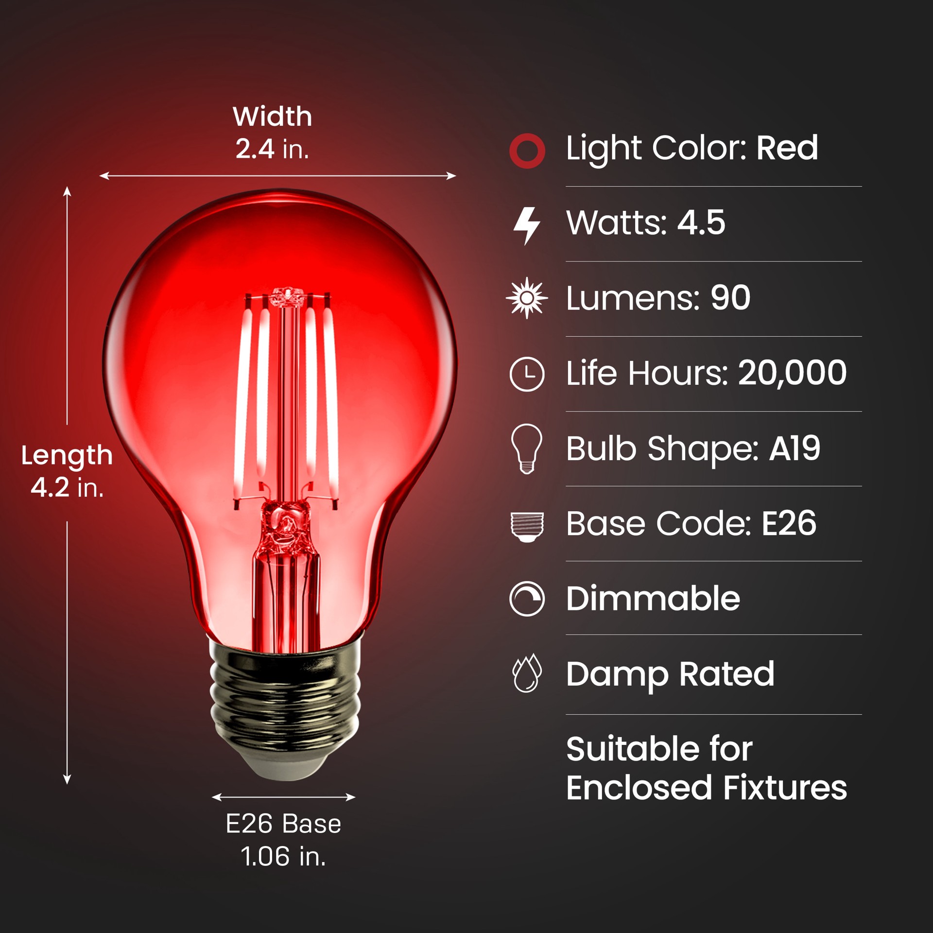 slide 3 of 6, Feit Electric A19 Red Medium base (E-26) LED Decorative Light Bulb, 1 ct