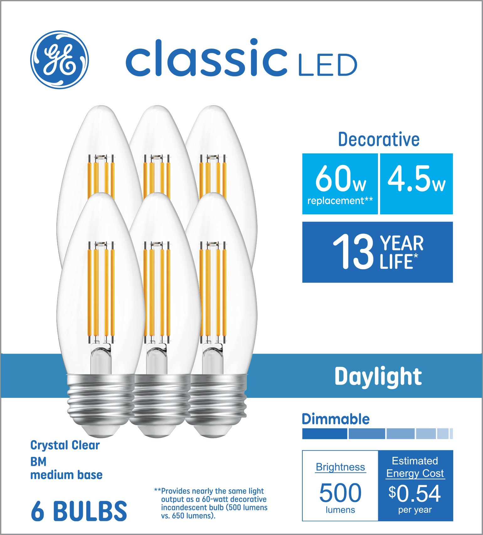 slide 1 of 6, GE 60 -Watt EQ BC Daylight Medium base (E-26) Dimmable LED Decorative Light Bulb 6 -Pack, 1 ct