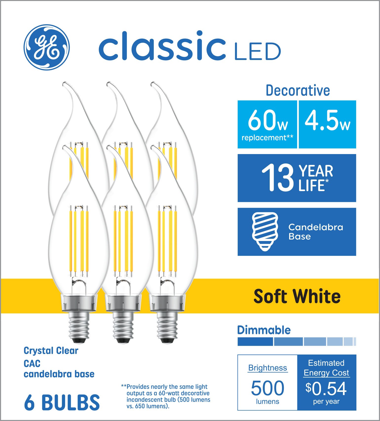 slide 1 of 6, GE 60 -Watt EQ CAC Soft white Candelabra base (E-12) Dimmable LED Decorative Light Bulb 6 -Pack, 1 ct