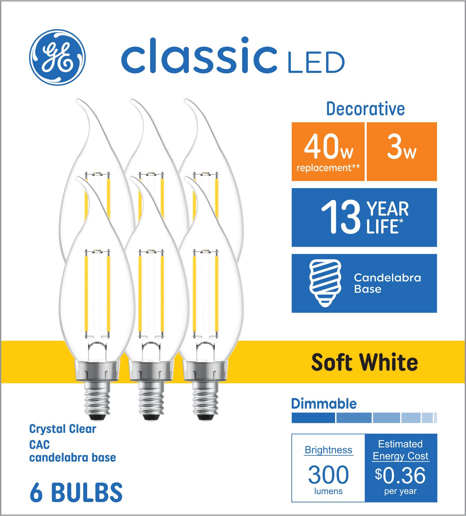 slide 1 of 6, GE 40 -Watt EQ CAC Soft white Candelabra base (E-12) Dimmable LED Decorative Light Bulb 6 -Pack, 1 ct