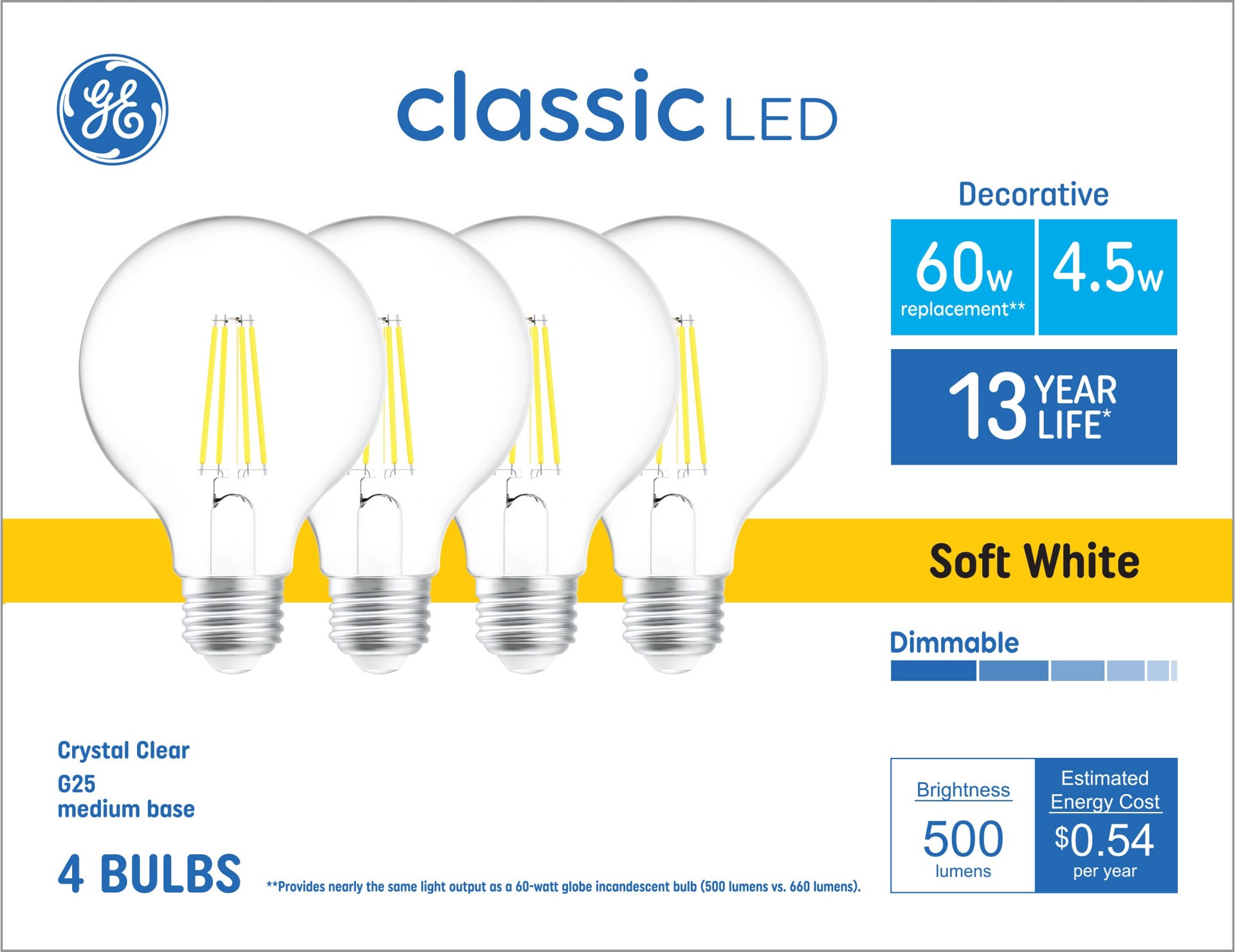 slide 1 of 6, GE 60 -Watt EQ G25 Soft white Dimmable LED Decorative Light Bulb 4 -Pack, 1 ct